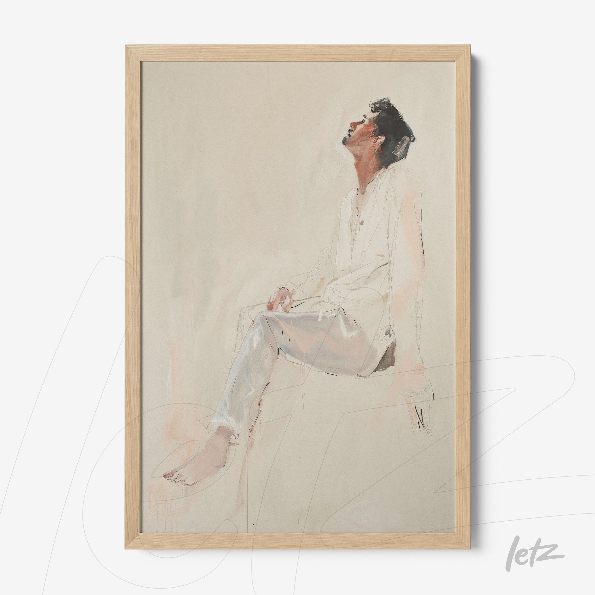 quadro com retrato artístico de homem sentado em pose contemplativa, moldura de madeira clara