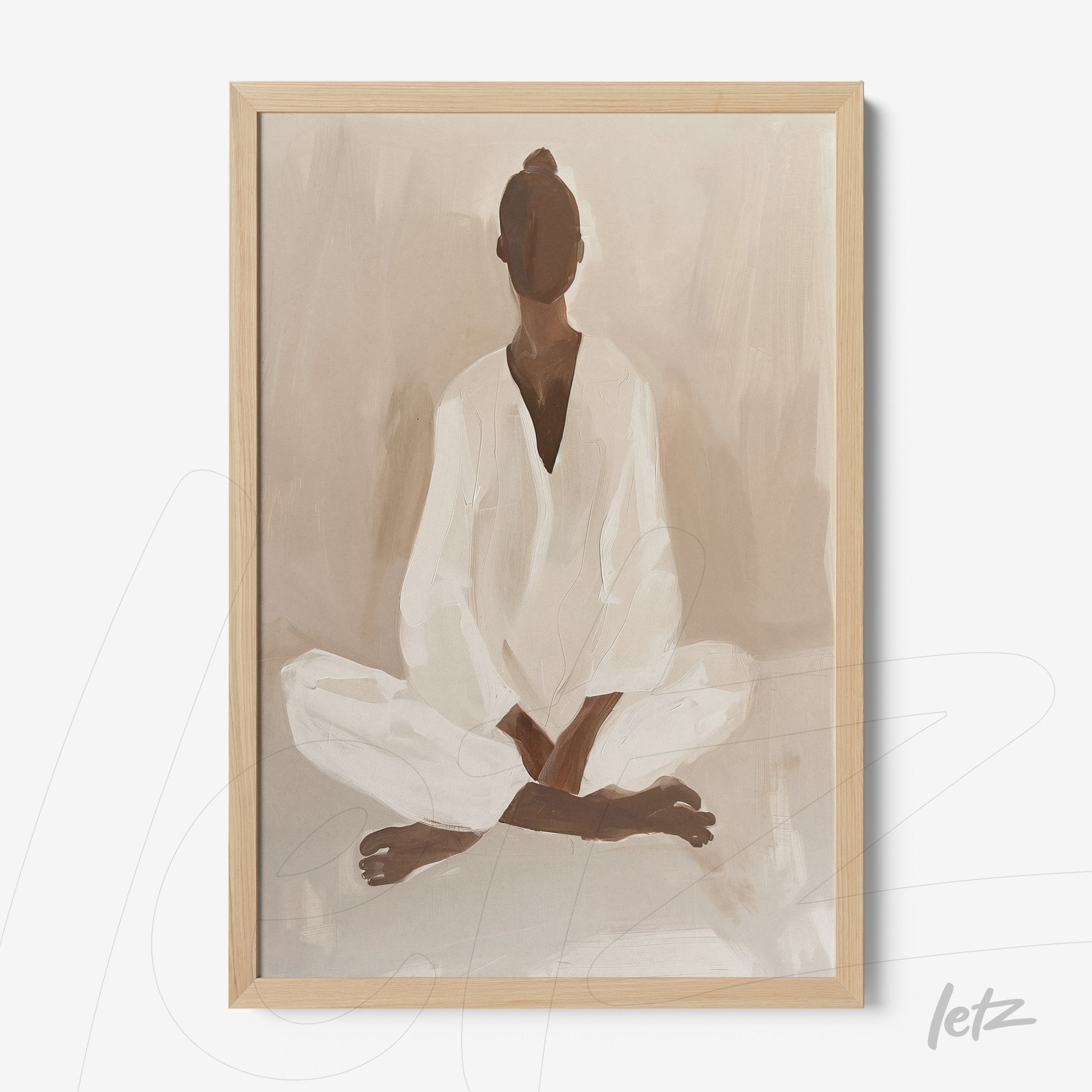 quadro com arte abstrata de uma figura meditando em tons neutros, moldura de madeira clara