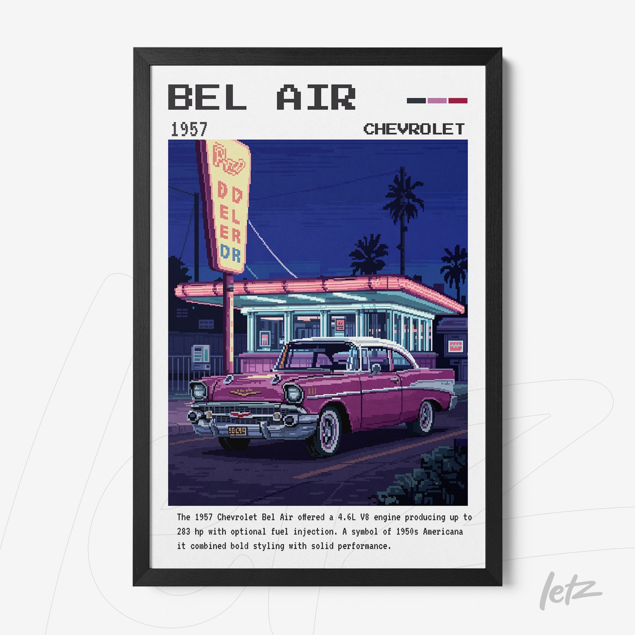 quadro com arte digital de um carro Chevrolet Bel Air 1957 em estilo retrô com moldura preta e fundo de ambiente noturno
