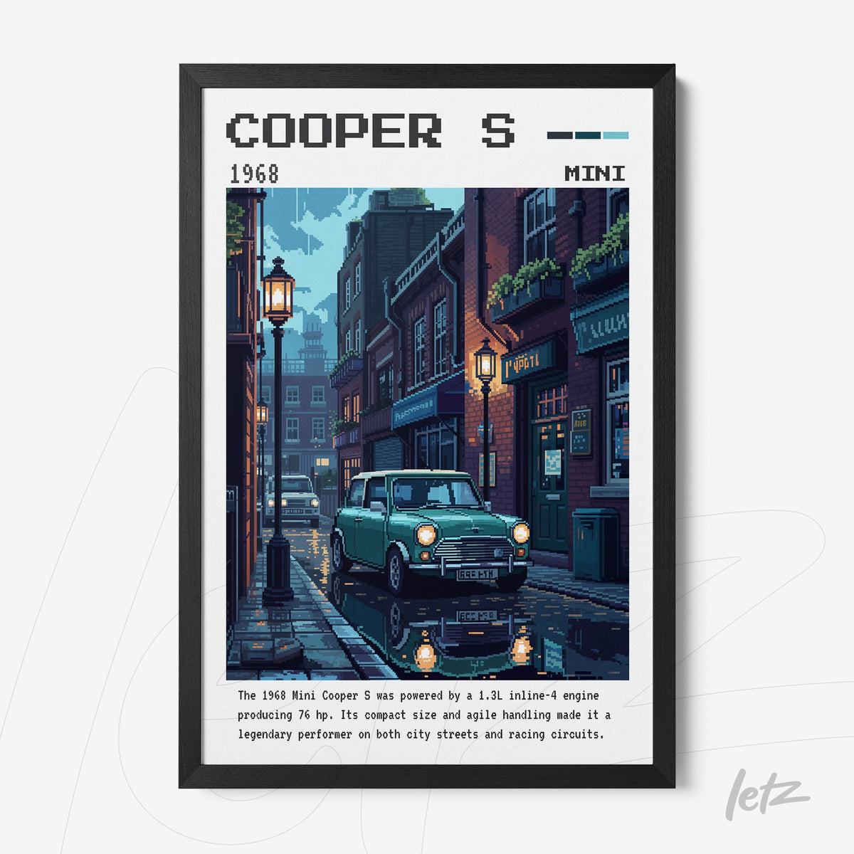 quadro com arte digital do carro Mini Cooper S de 1968 em uma rua molhada e iluminada por postes de luz