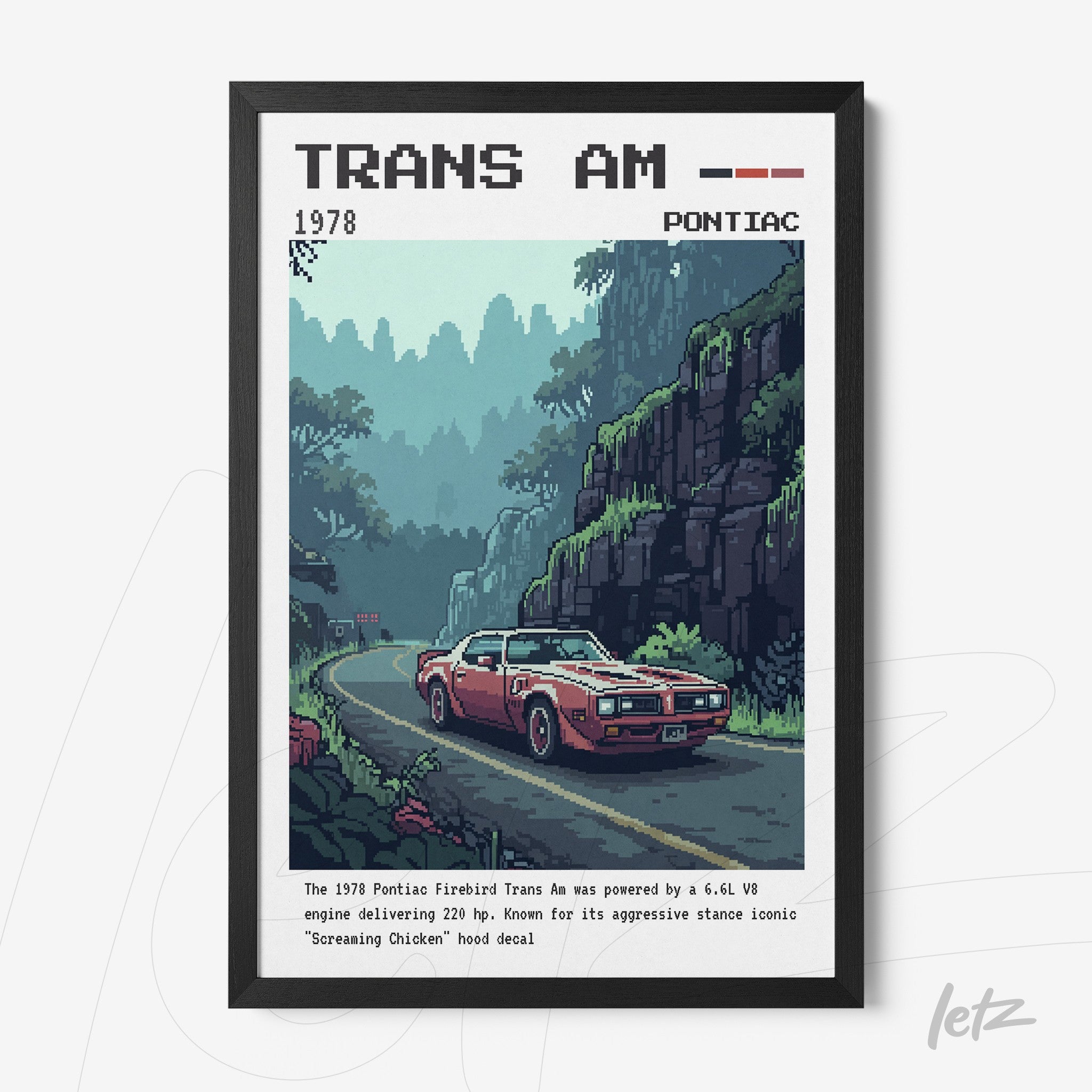 quadro com arte pixelada do carro Pontiac Trans Am em moldura preta, com fundo de montanhas verdes