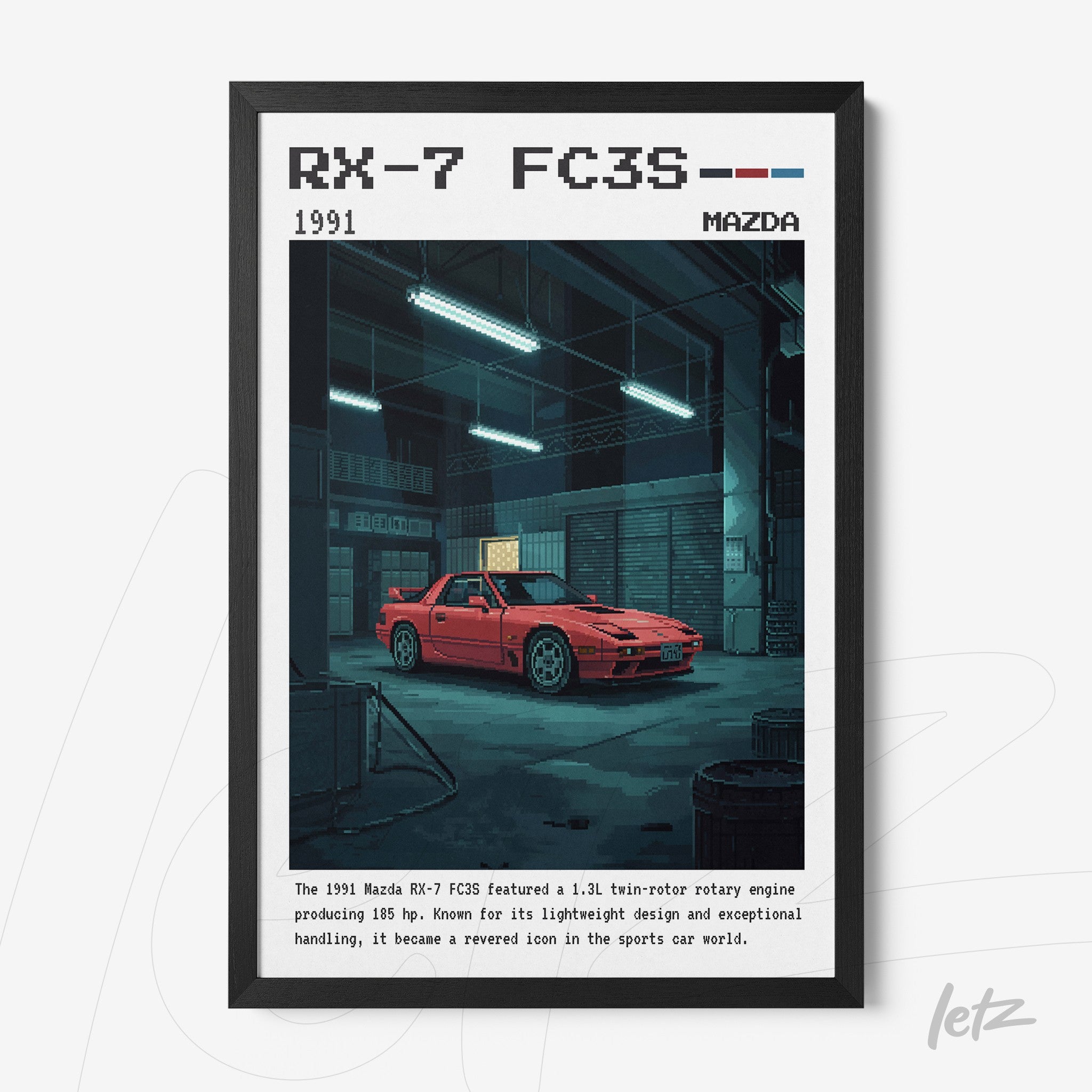 quadro com arte retrô de carro Mazda RX-7 FC3S vermelho em moldura preta com fundo escuro