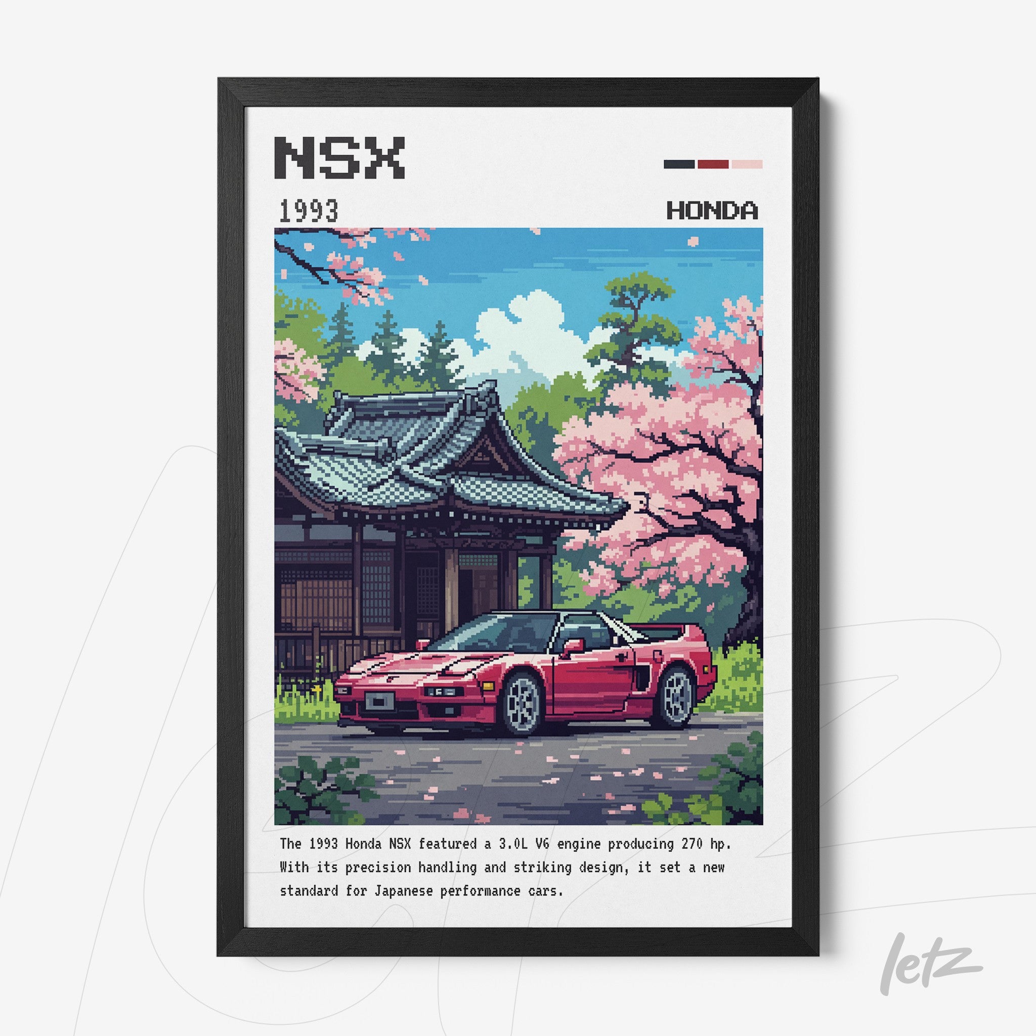quadro com arte pixelada de carro Honda NSX 1993 em frente a uma casa com árvores de cerejeira