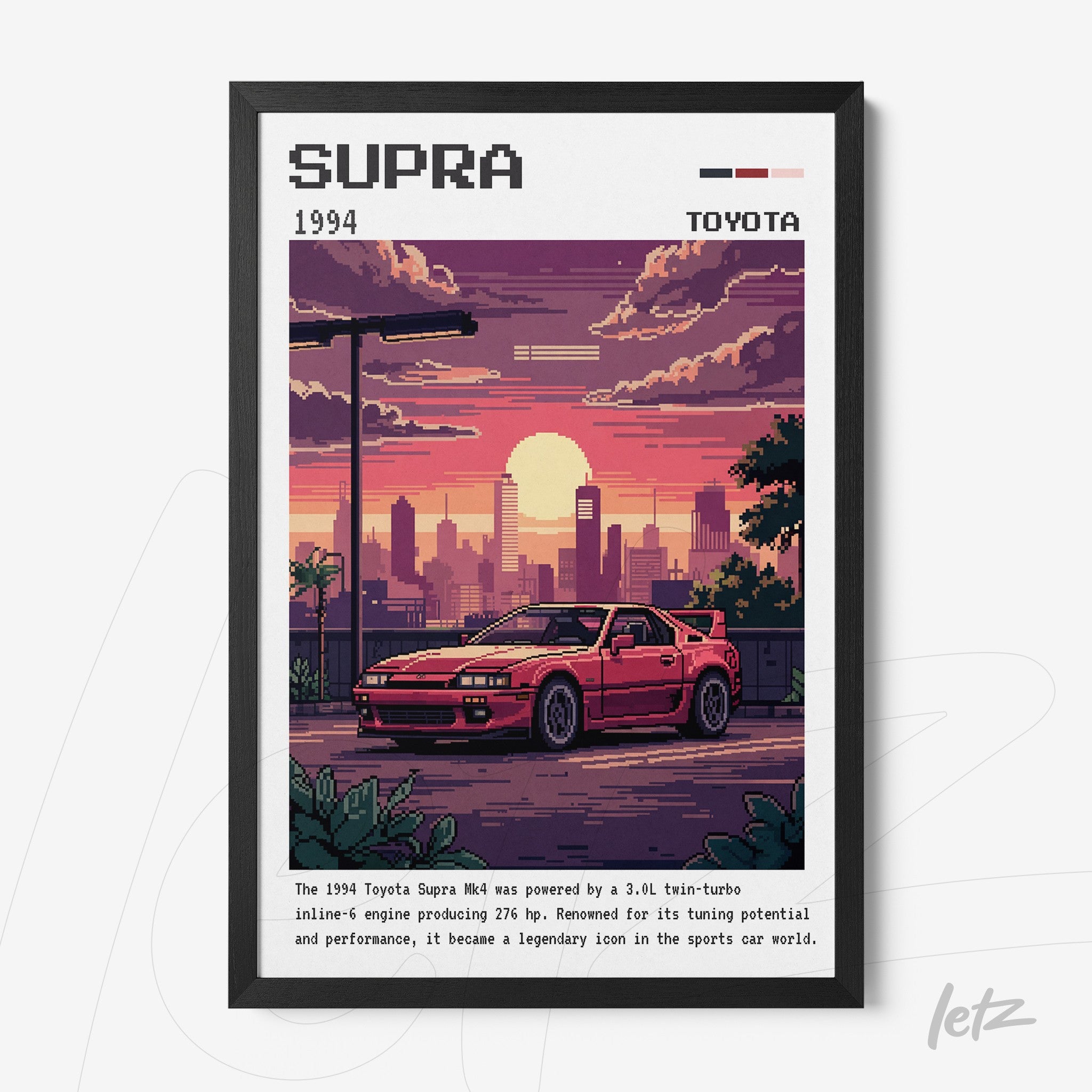 quadro digital com arte retrô de um carro Toyota Supra 1994 em cenário urbano ao pôr do sol com moldura preta