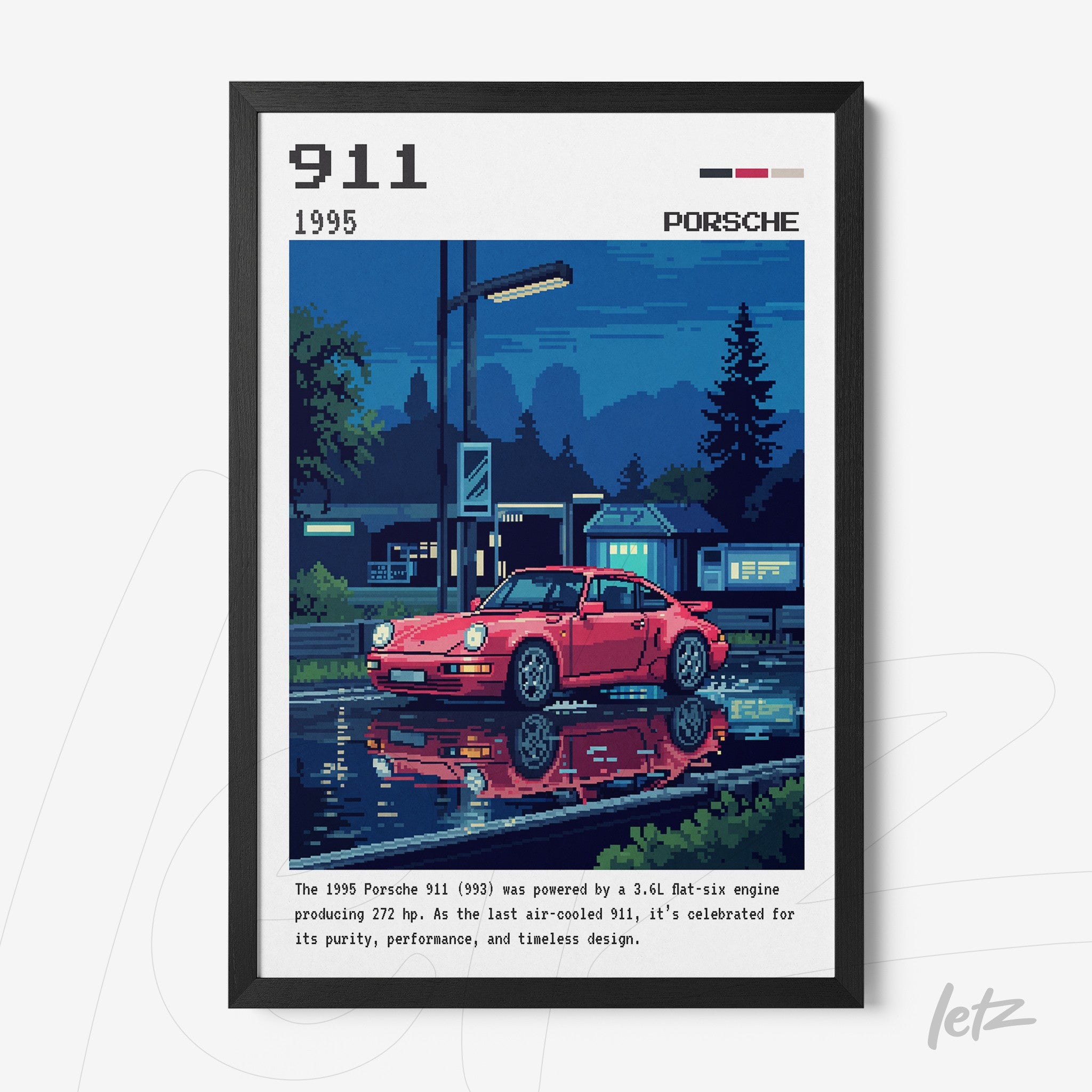 quadro com arte em pixel do carro Porsche 911 de 1995 refletido na água com moldura preta