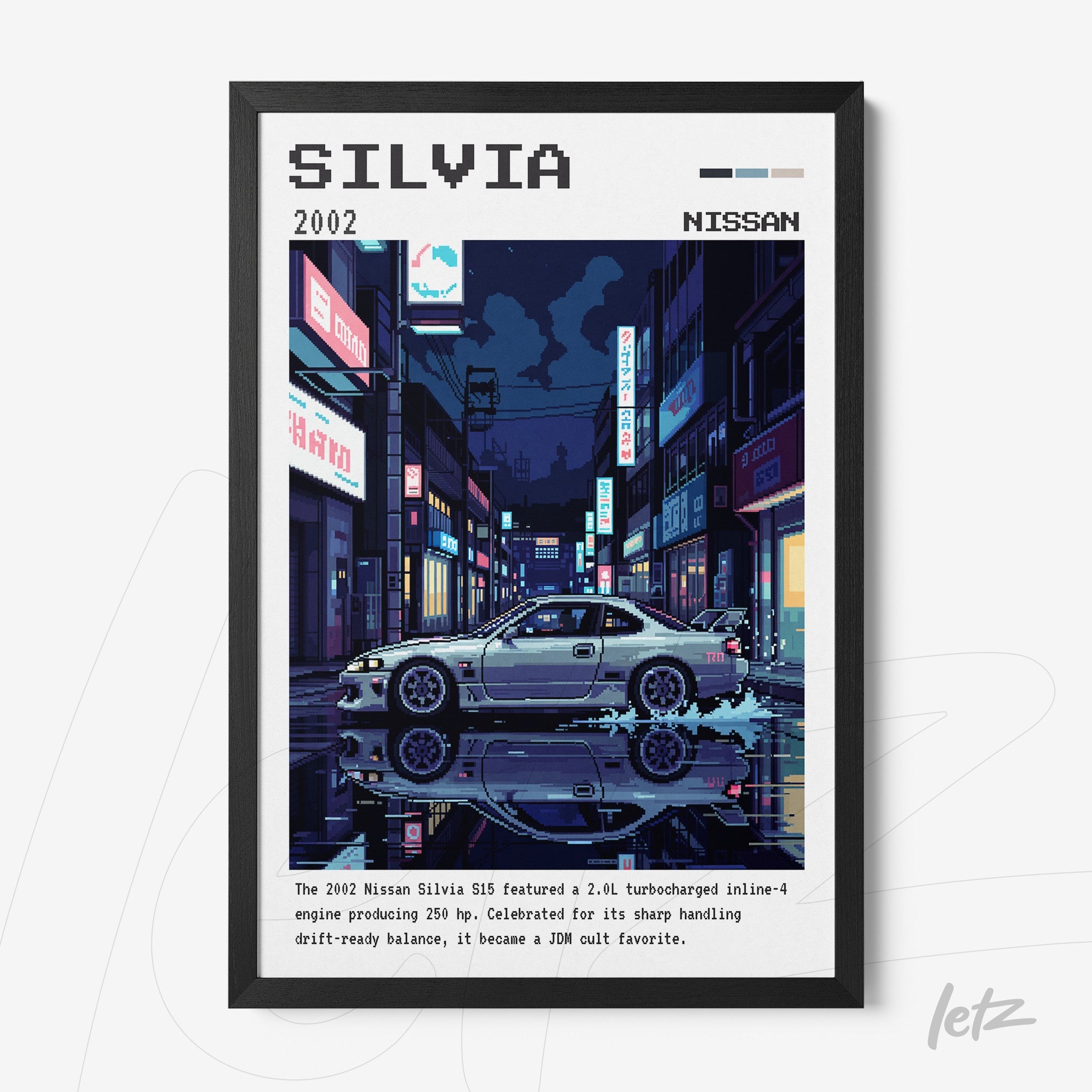 quadro com arte digital do carro Nissan Silvia em uma cena noturna de cidade japonesa, moldura preta