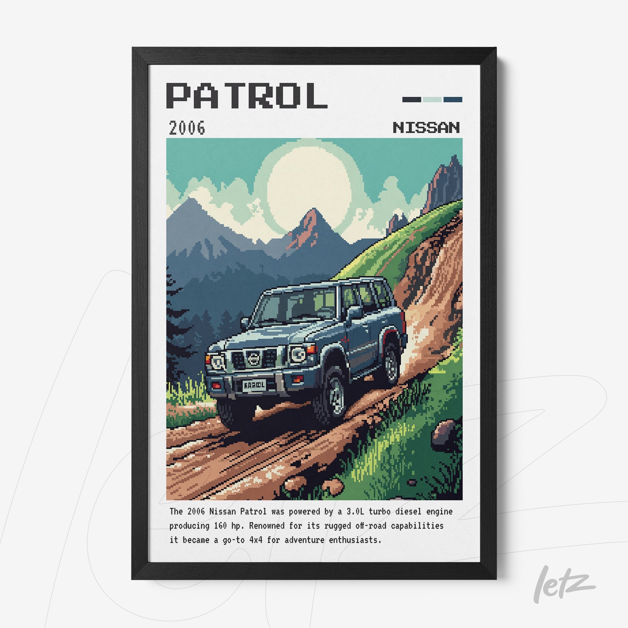 quadro com arte em pixel do Nissan Patrol 2006 em uma estrada de terra, com montanhas ao fundo e moldura preta