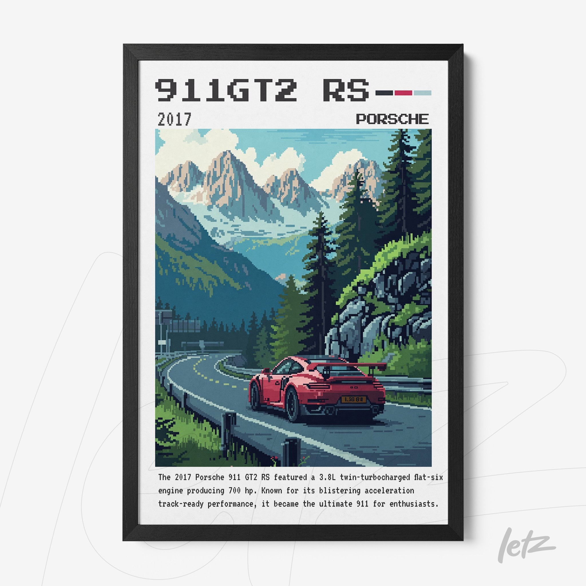 quadro de arte digital com ilustração do carro Porsche 911 GT2 RS em uma estrada montanhosa, moldura preta