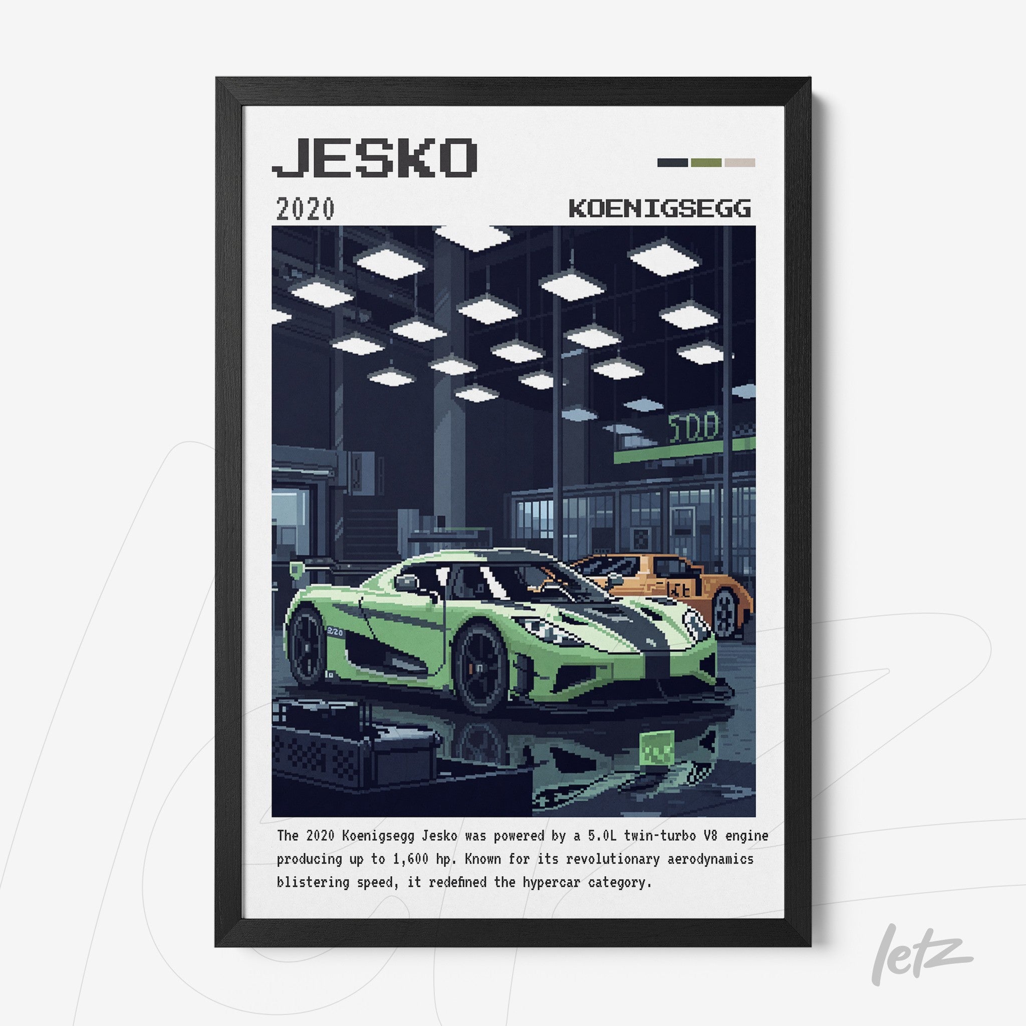 quadro com arte digital do carro Jesko em um ambiente de garagem, moldura preta