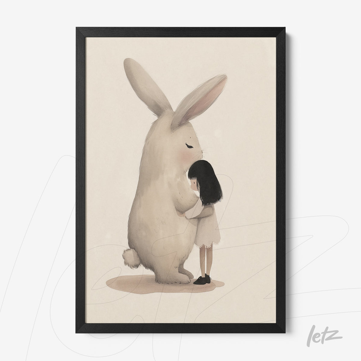 quadro com ilustração suave de menina abraçando coelho gigante em moldura preta