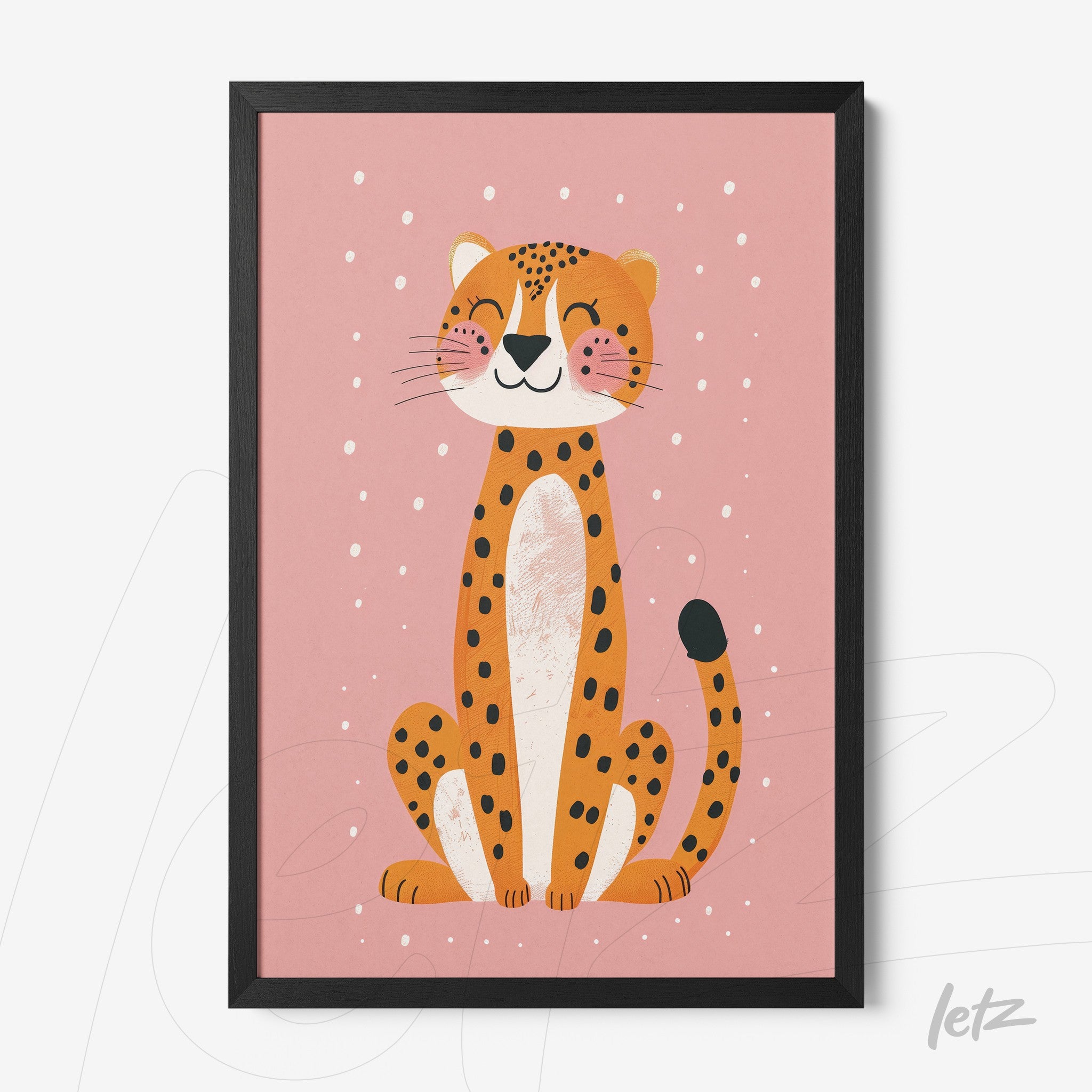 quadro com arte divertida de um jaguar sorridente em fundo rosa e moldura preta