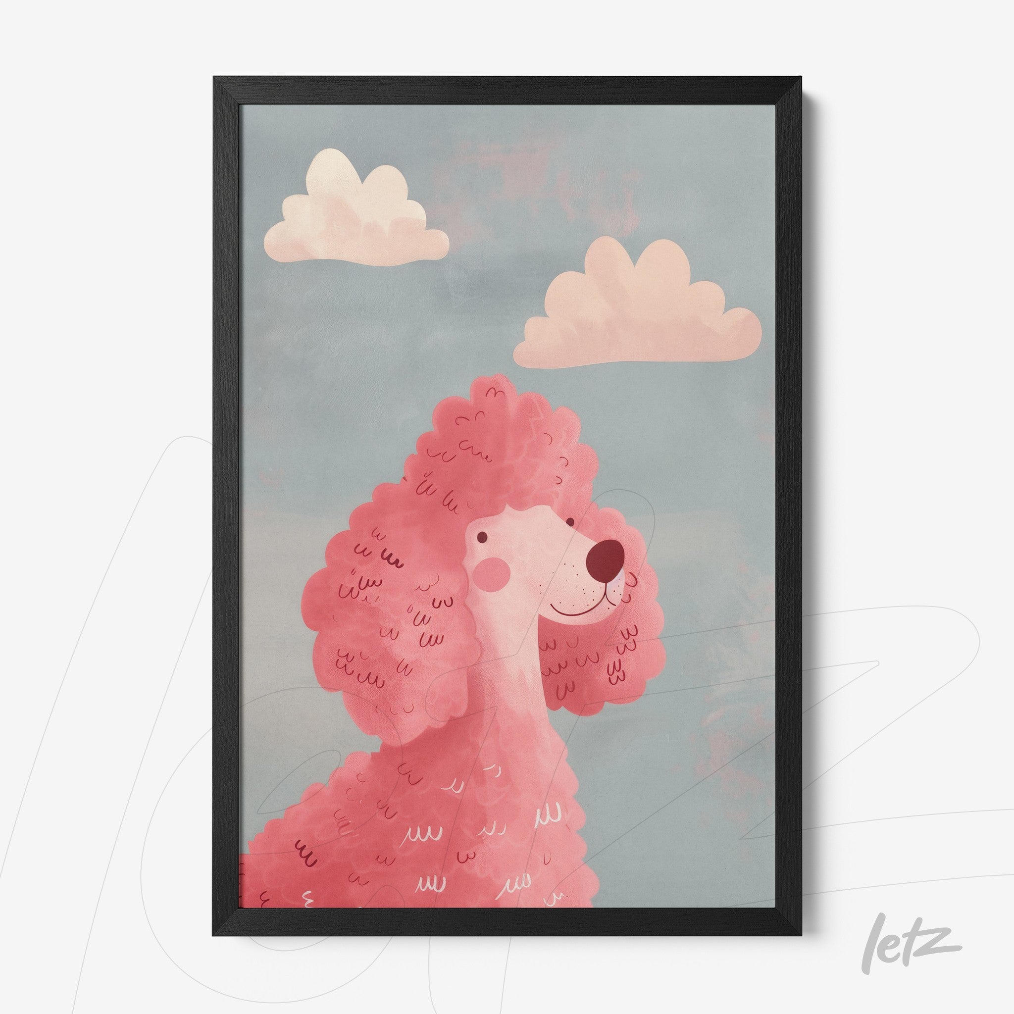 quadro com ilustração divertida de um cachorro poodle rosa em fundo azul com nuvens leves, moldura preta
