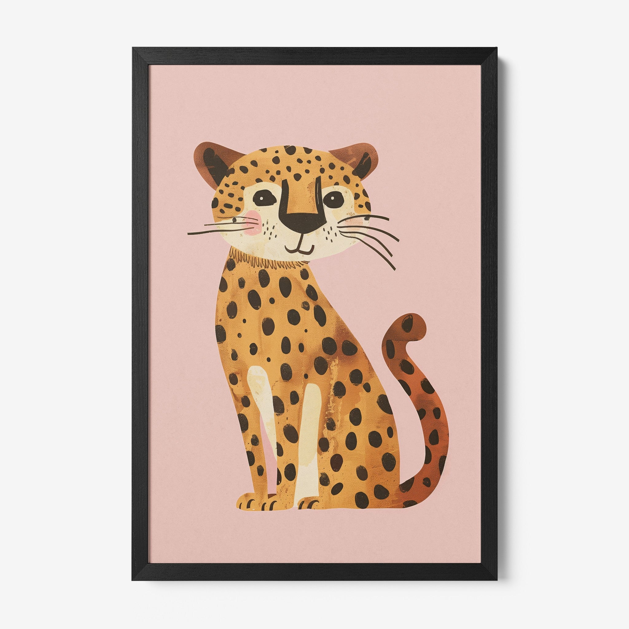 quadro com ilustração colorida de um leopardo em fundo rosa, moldura preta