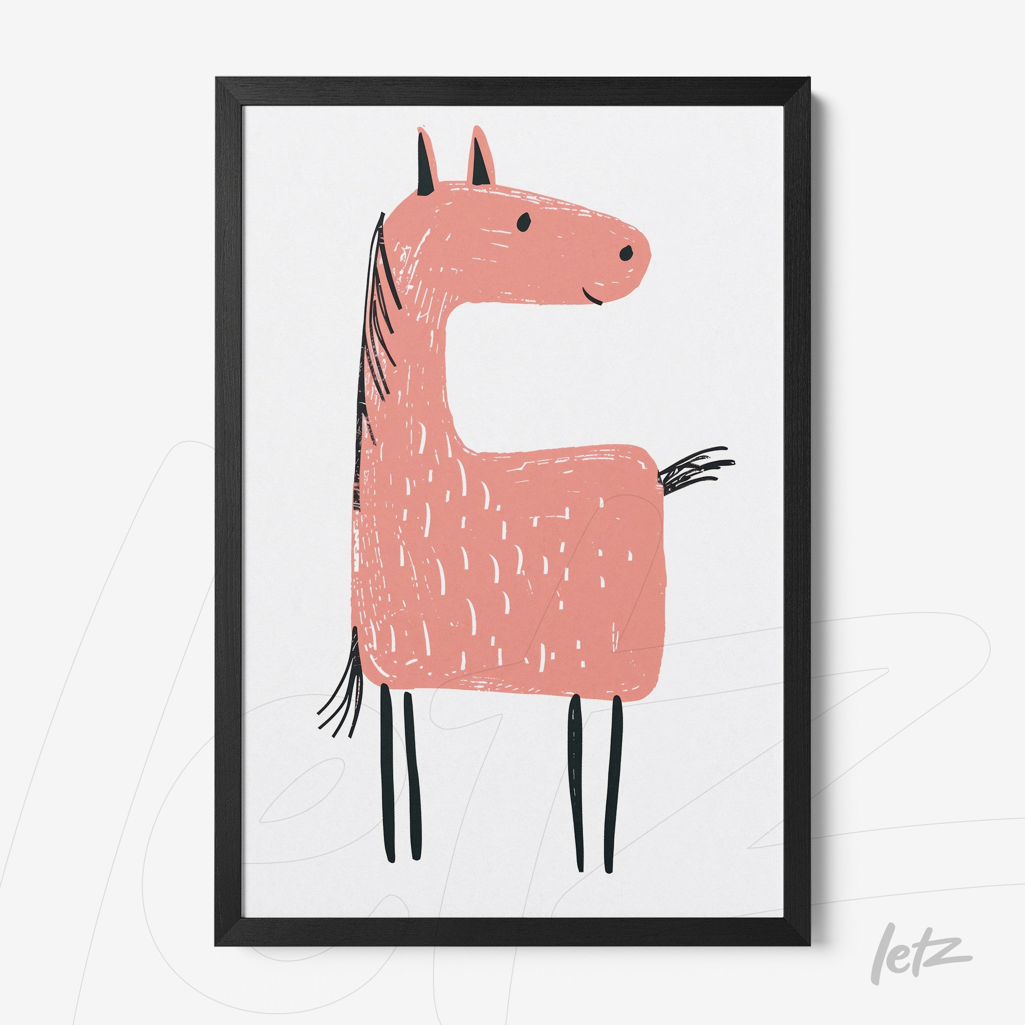 quadro com ilustração de um cavalo rosa em moldura preta