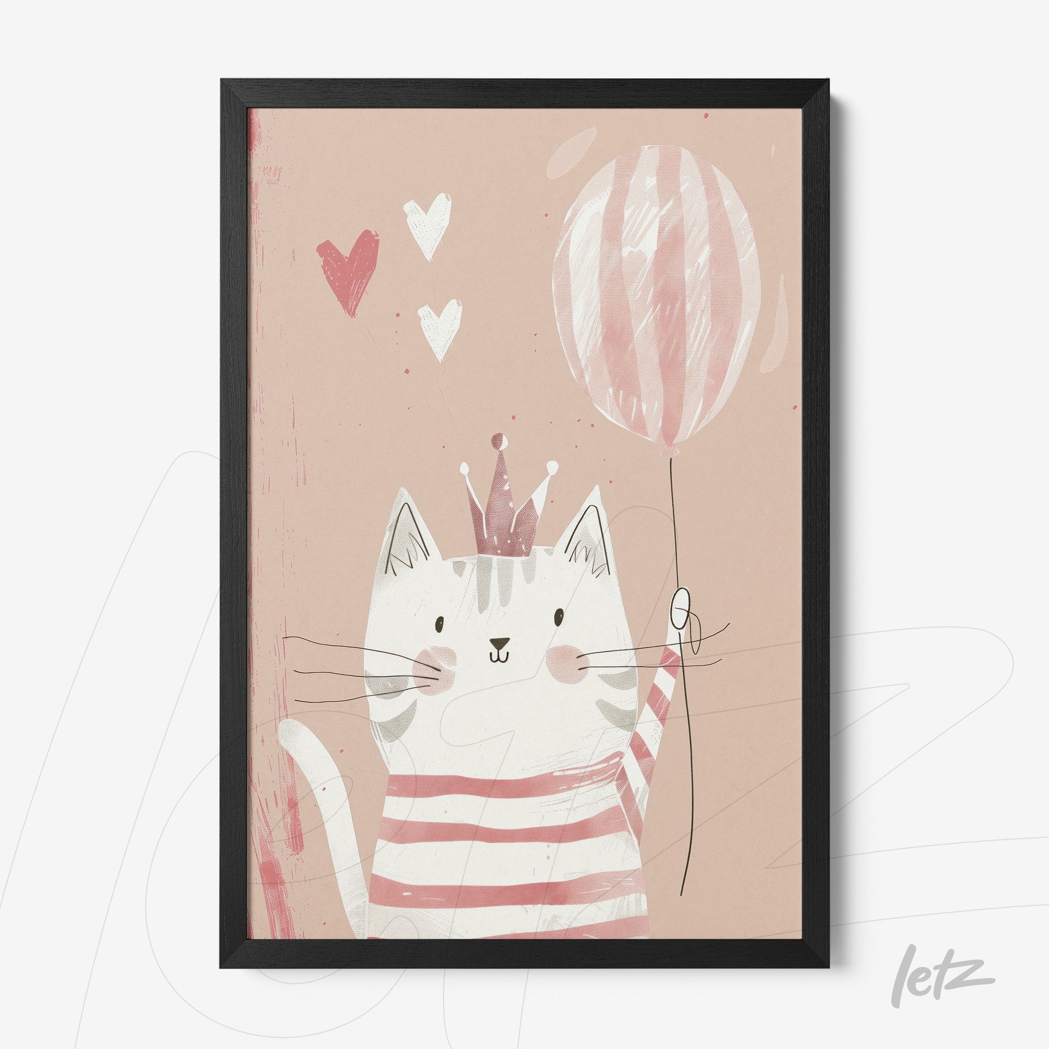 quadro com ilustração de gato sorridente vestido com listras rosas e brancas segurando um balão, em fundo rosa claro com corações