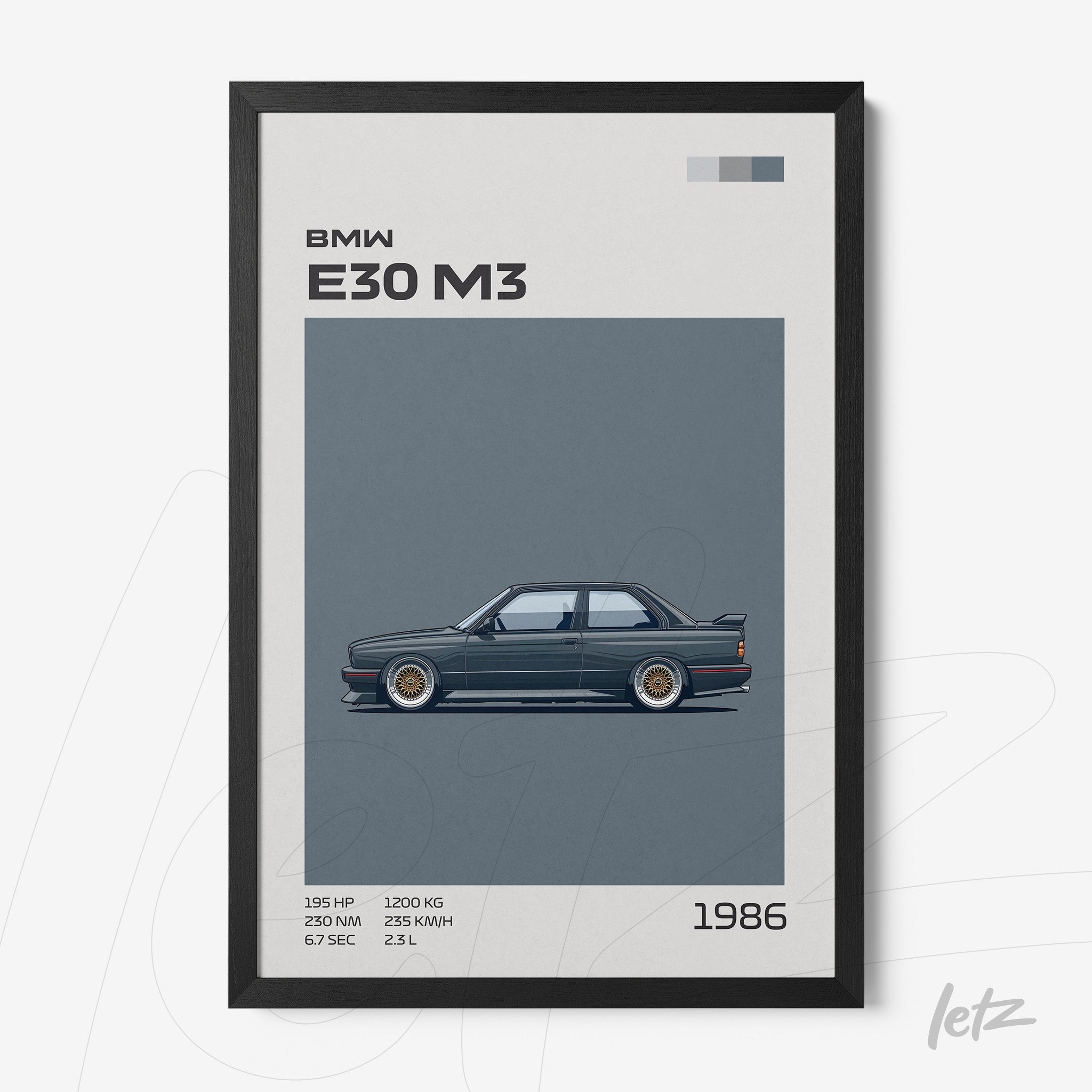 quadro com ilustração do BMW E30 M3 em moldura preta com fundo cinza