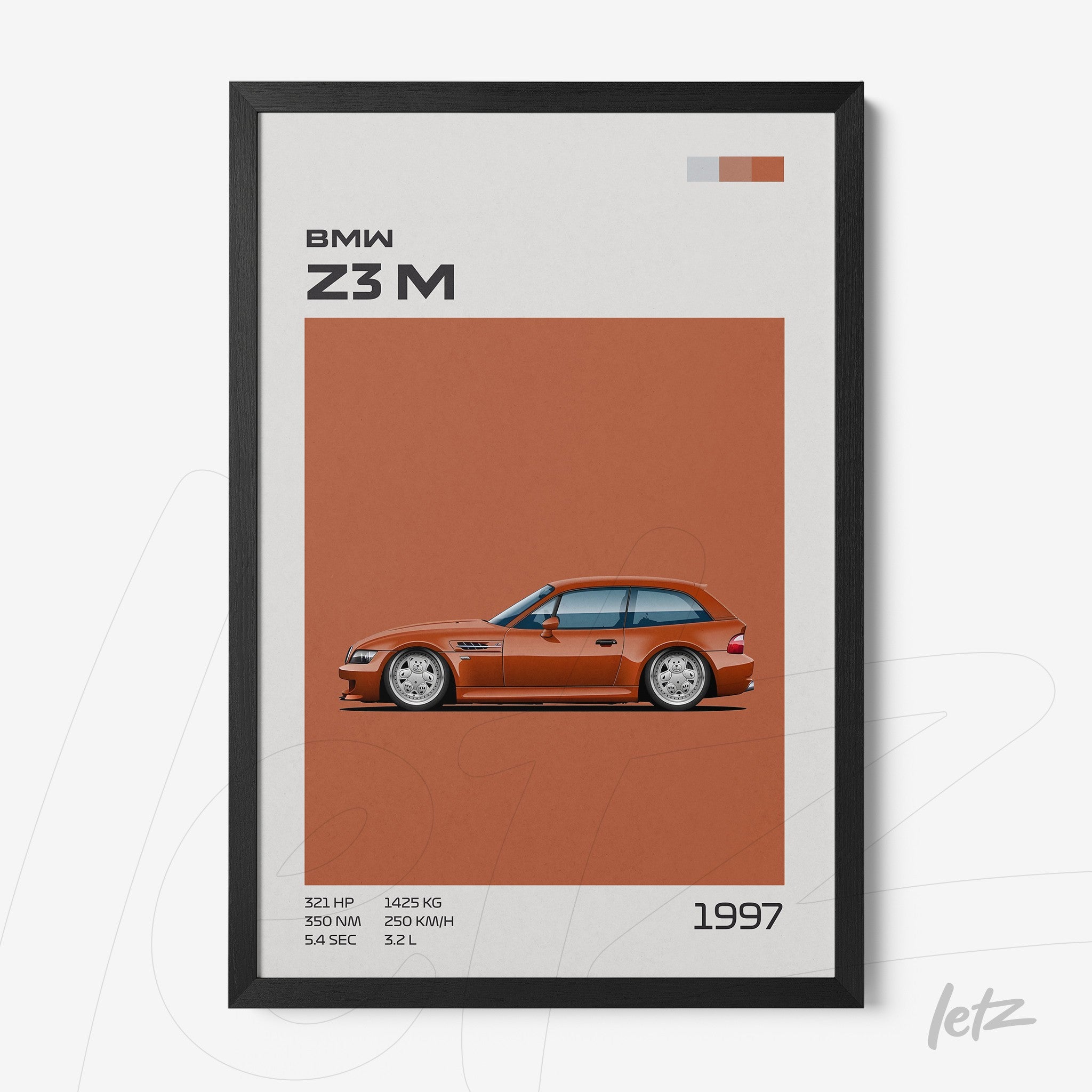 quadro com arte minimalista do carro BMW Z3 M em moldura preta com fundo laranja