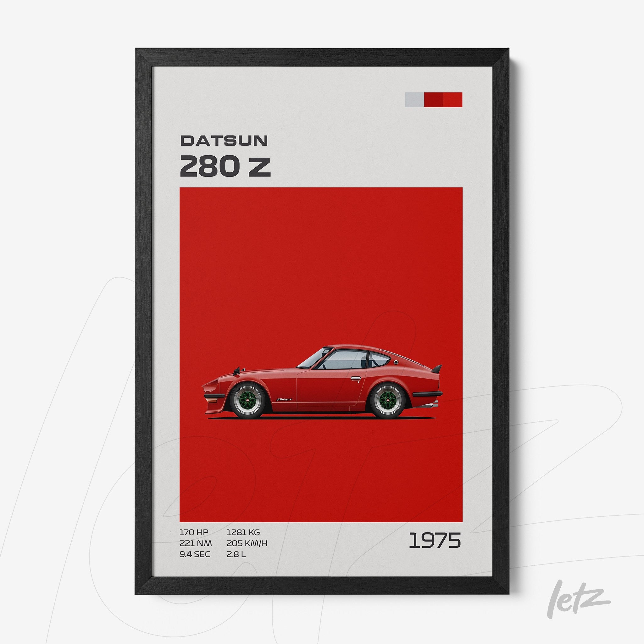quadro com ilustração do carro Datsun 280 Z em fundo vermelho, moldura preta fina