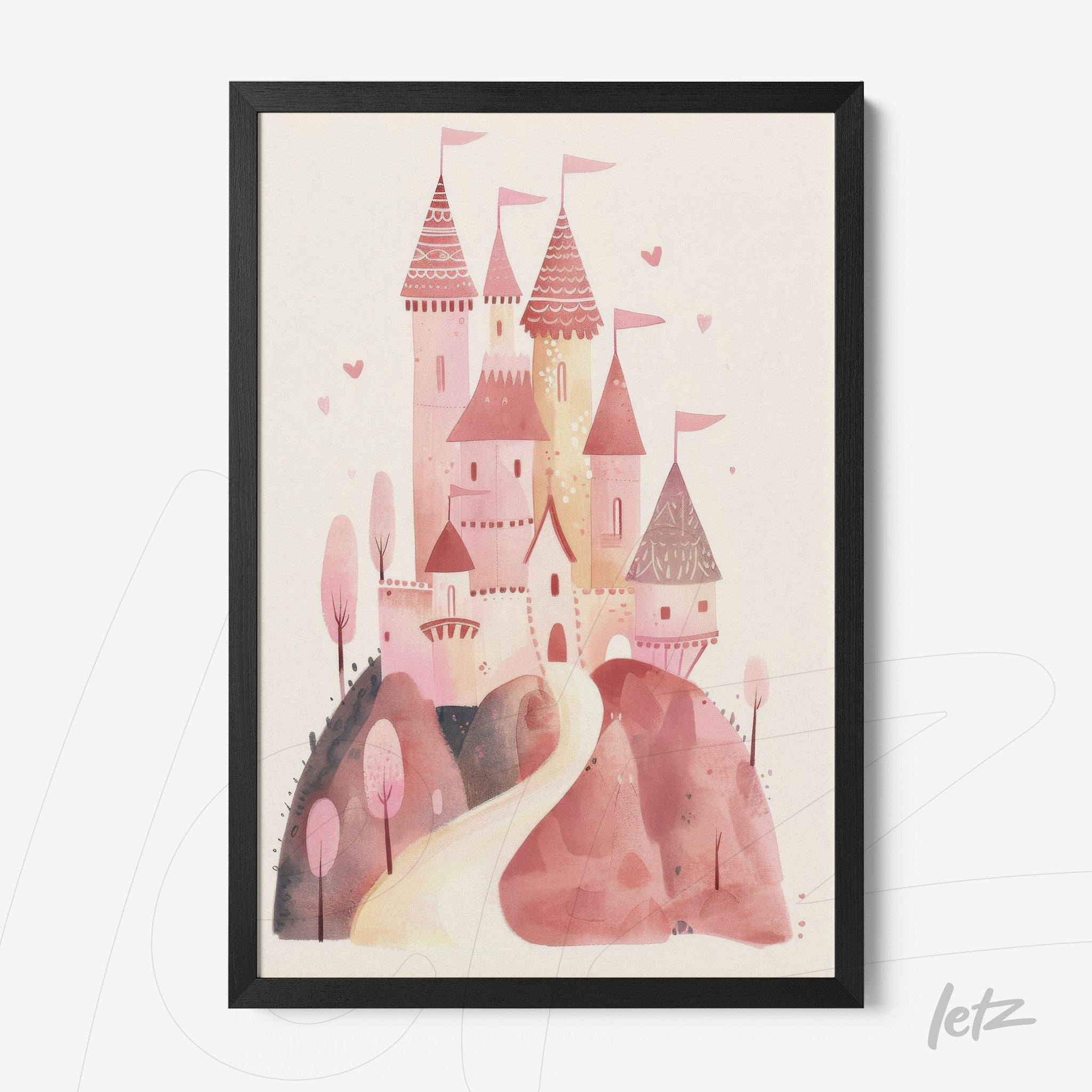 quadro com ilustração de castelo rosa em estilo infantil com árvores e montanhas suaves