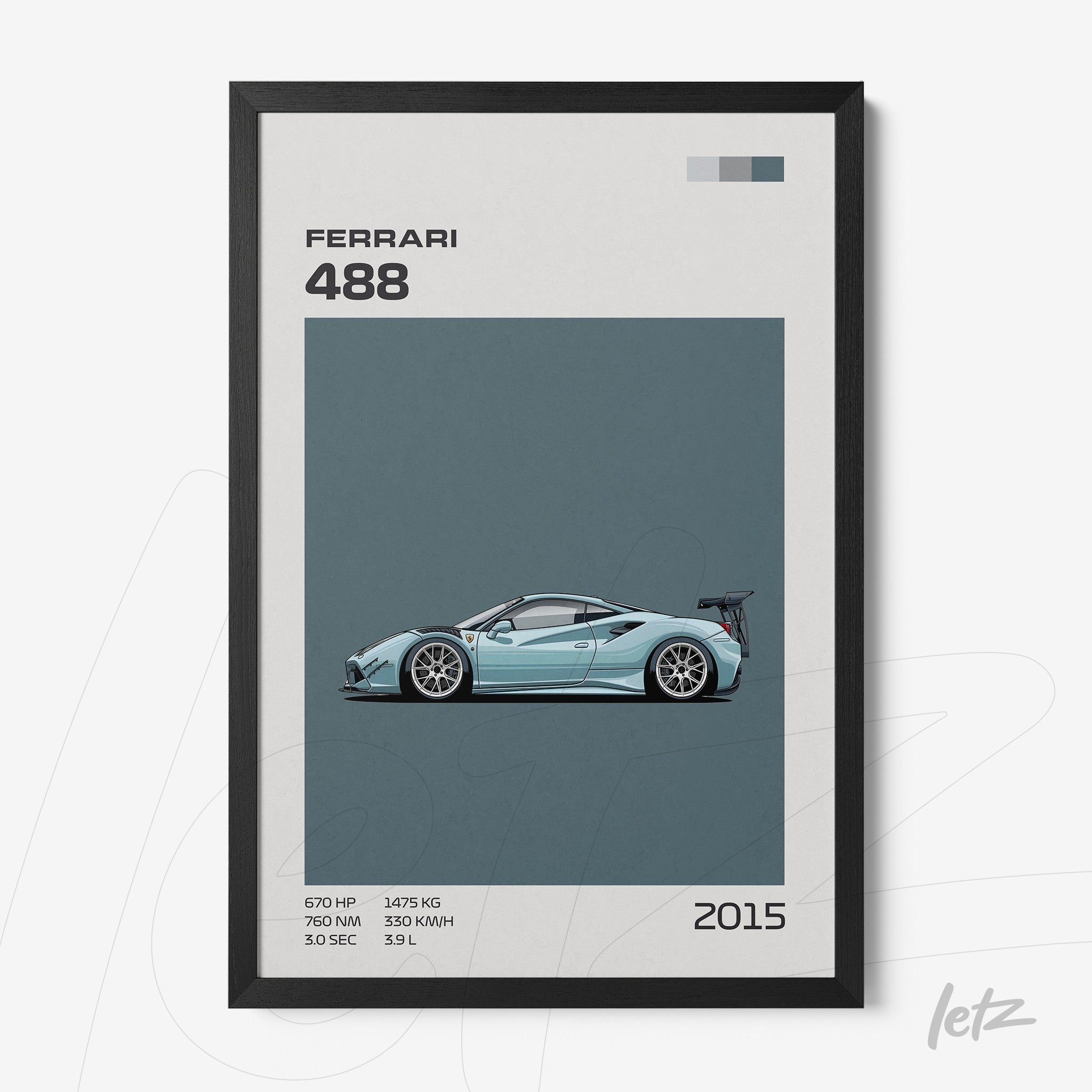 quadro com ilustração minimalista de um carro esportivo Ferrari 488 em moldura preta