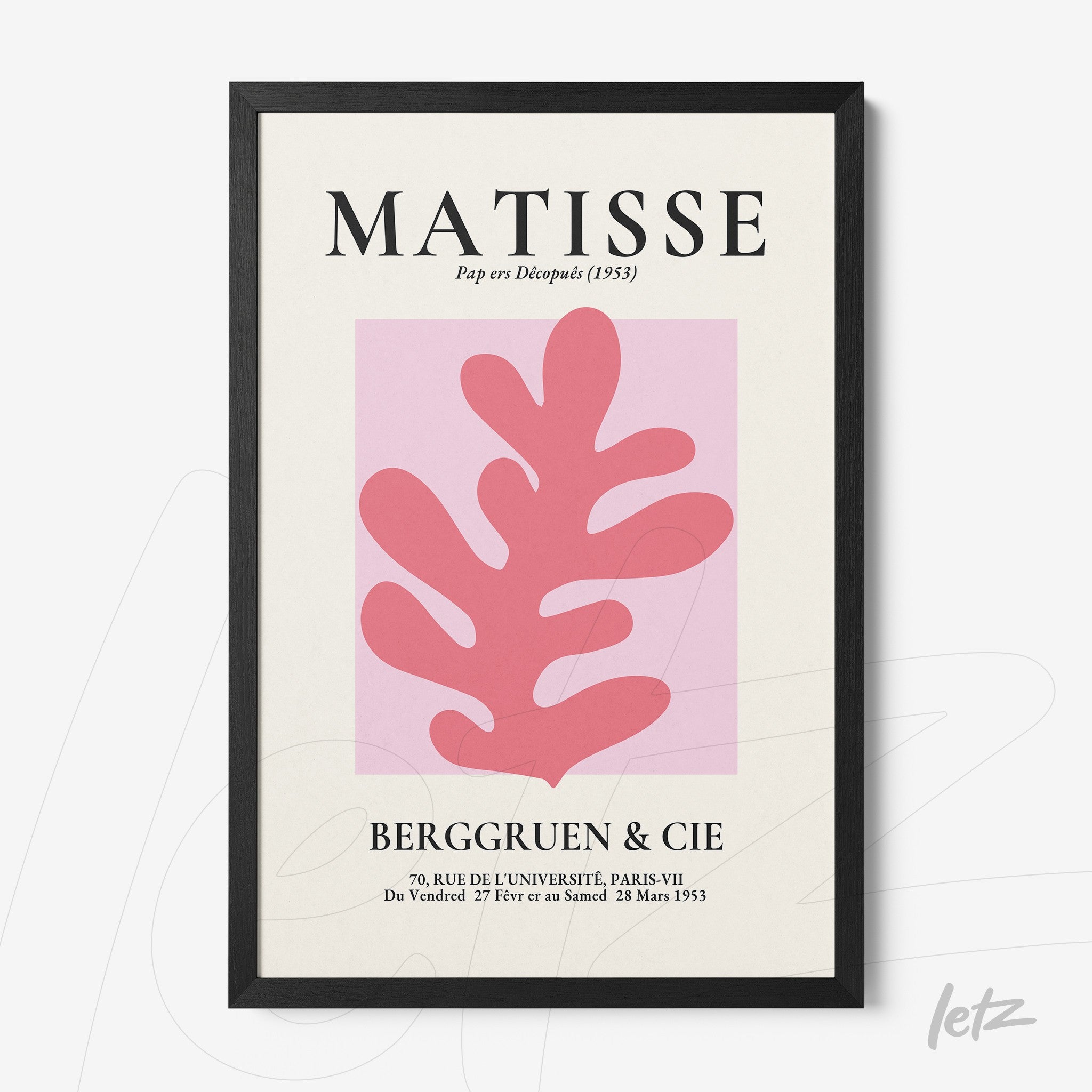 quadro com arte no estilo do artista Matisse, apresentando um fundo rosa com uma planta estilizada em cor pink, moldura preta
