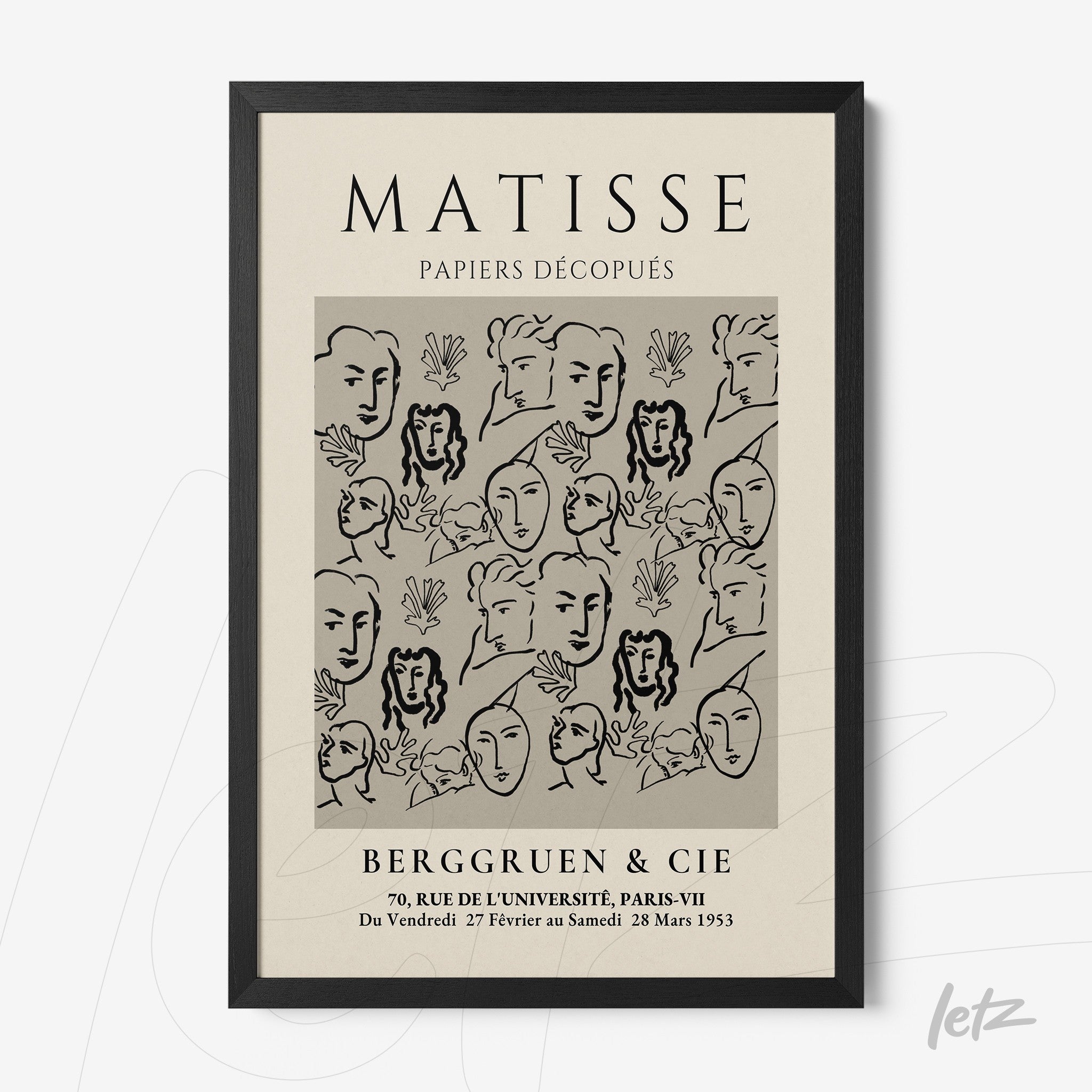 quadro decorativo em moldura preta com design inspirado em Matisse, apresentando figuras estilizadas e formas florais em fundo claro