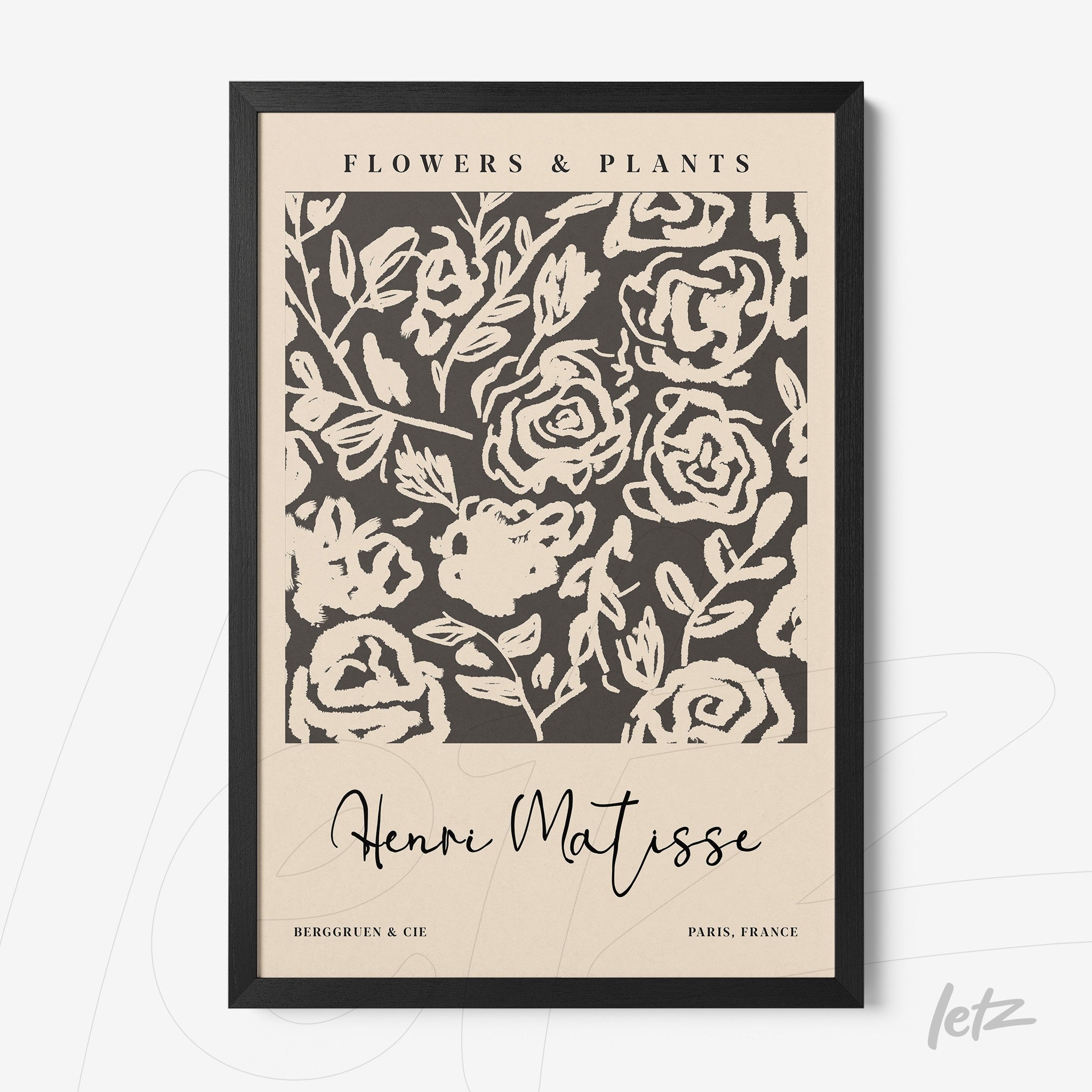 quadro com arte estilizada de flores em fundo creme e moldura preta, destacando traços de rosa e escrita de Henri Matisse
