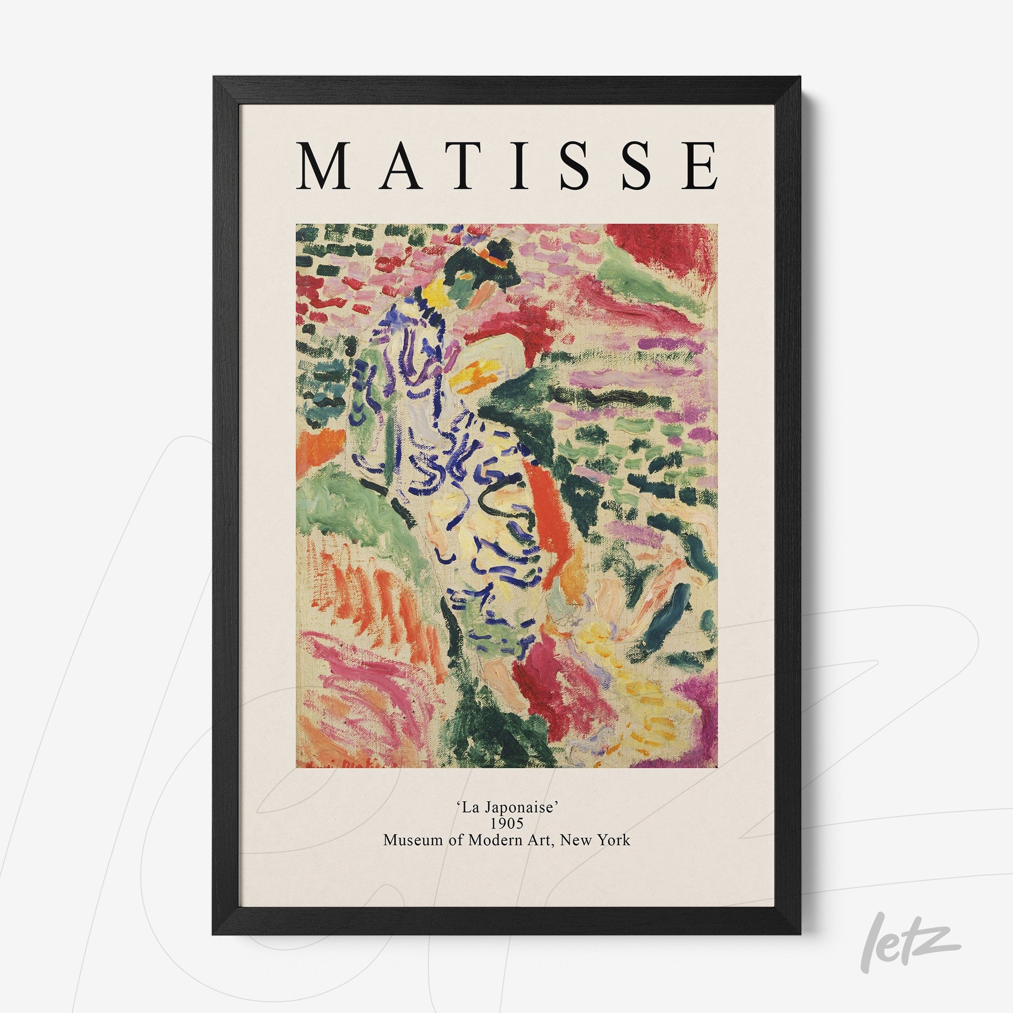 quadro decorativo com arte abstrata de Matisse intitulada 'La Japonaisse' em moldura preta
