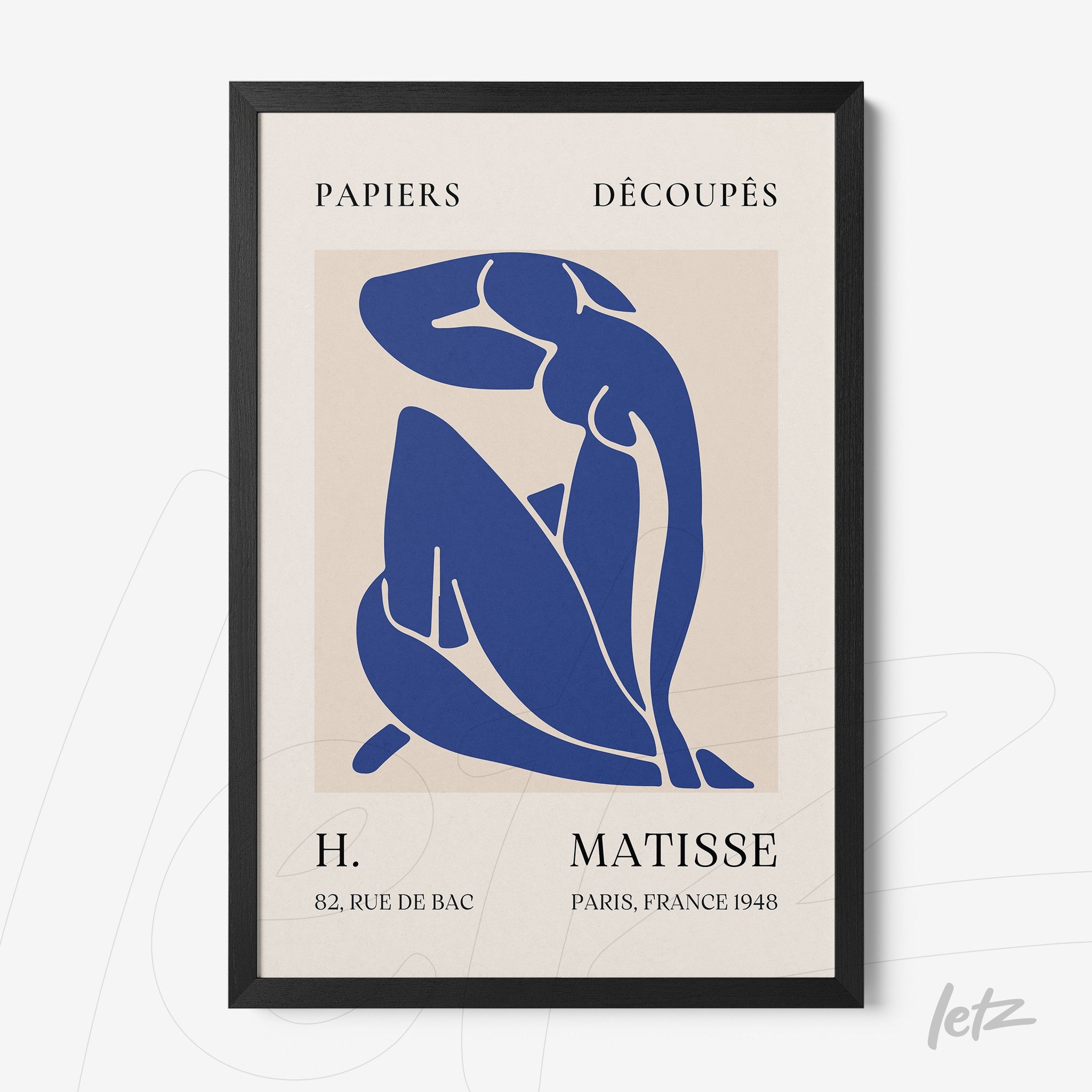 quadro com arte do artista Henri Matisse em estilo minimalista, com figuras em azul sobre fundo creme e moldura preta