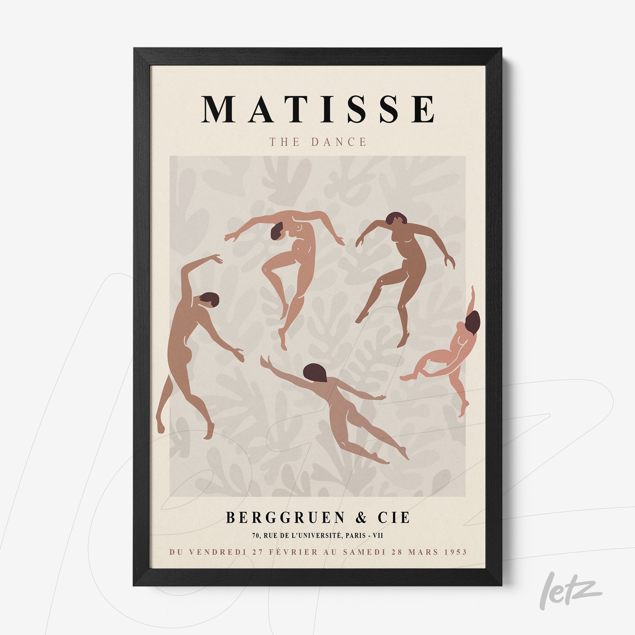 quadro emoldurado com a arte de Matisse 'A Dança', apresentando figuras dançantes em tons terrosos sobre fundo claro
