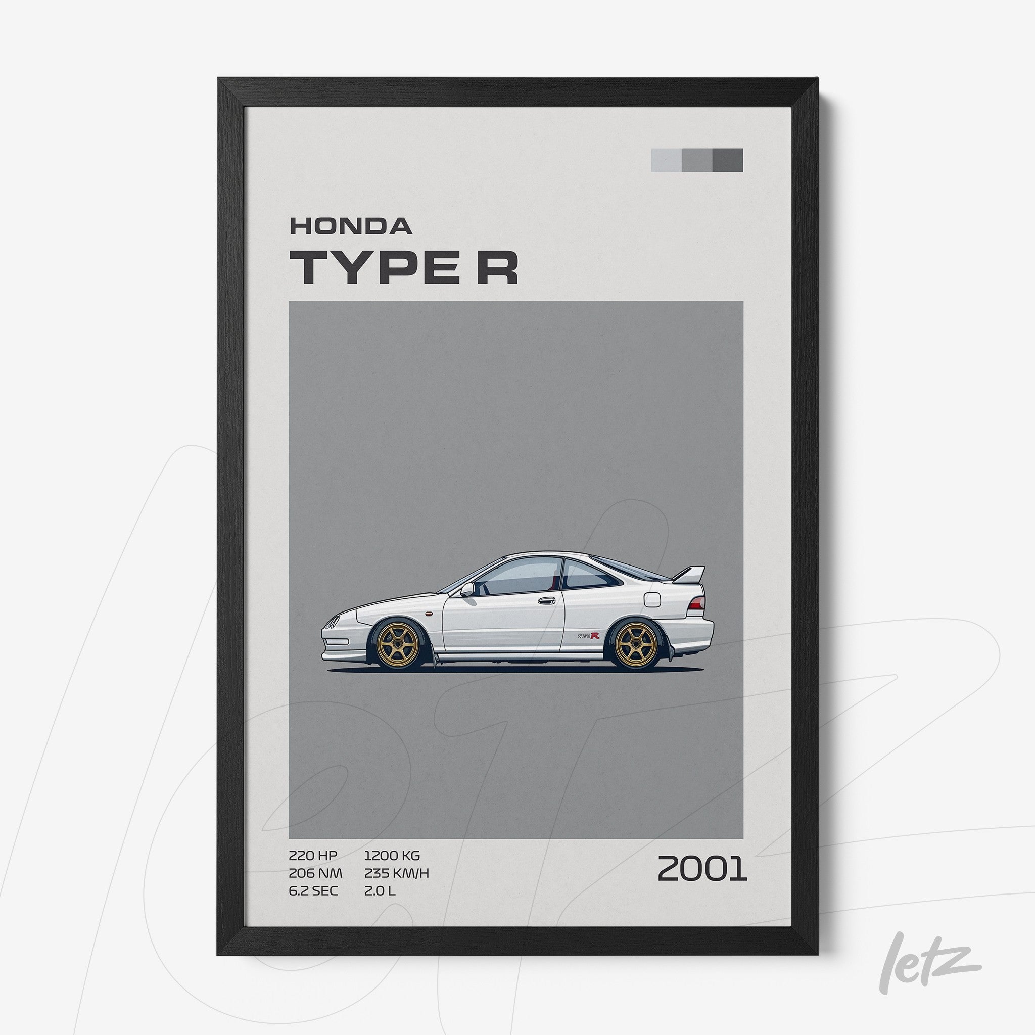 quadro com ilustração do Honda Type R de 2001 em moldura preta com fundo cinza