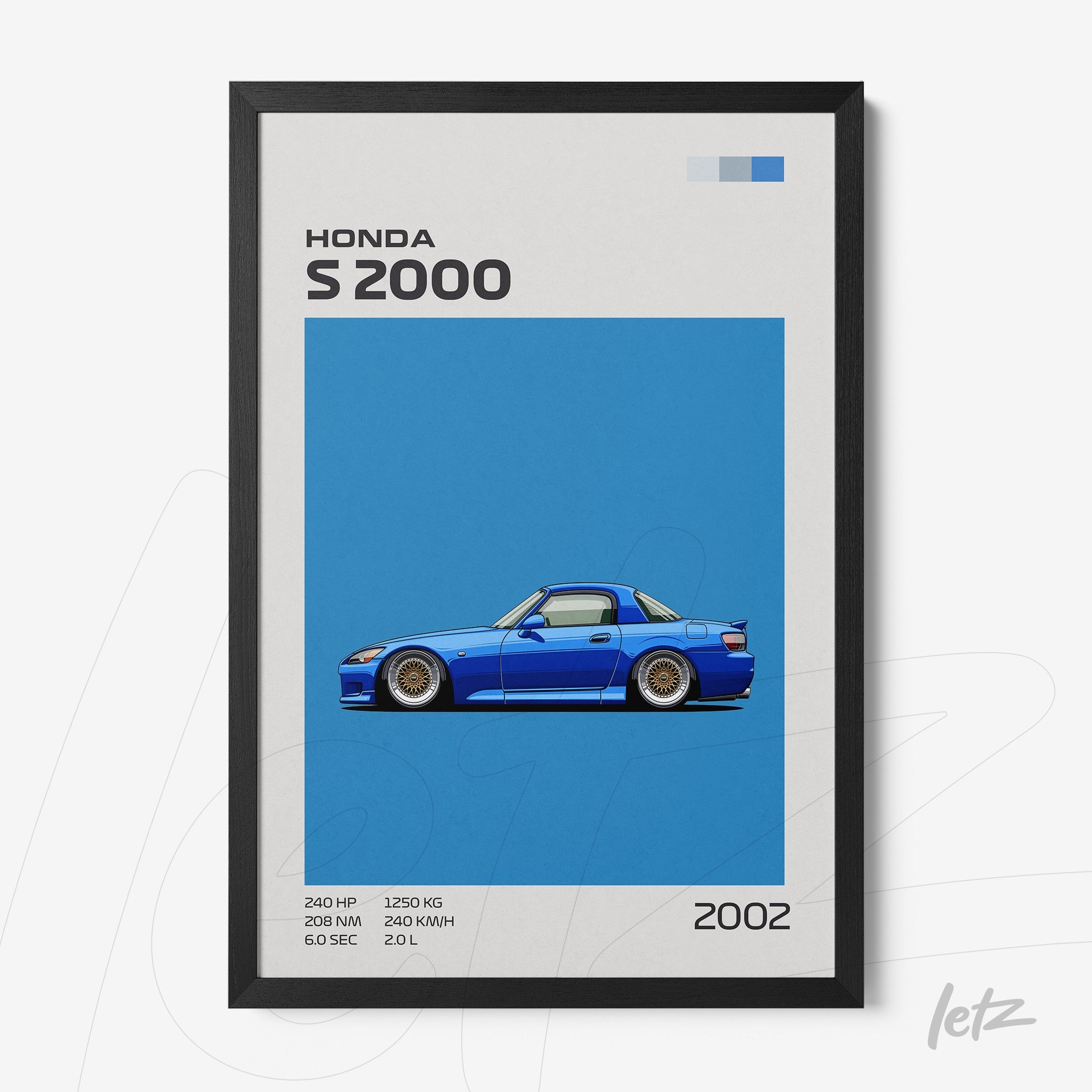 quadro decorativo com ilustração do carro Honda S2000 em fundo azul vibrante e moldura preta