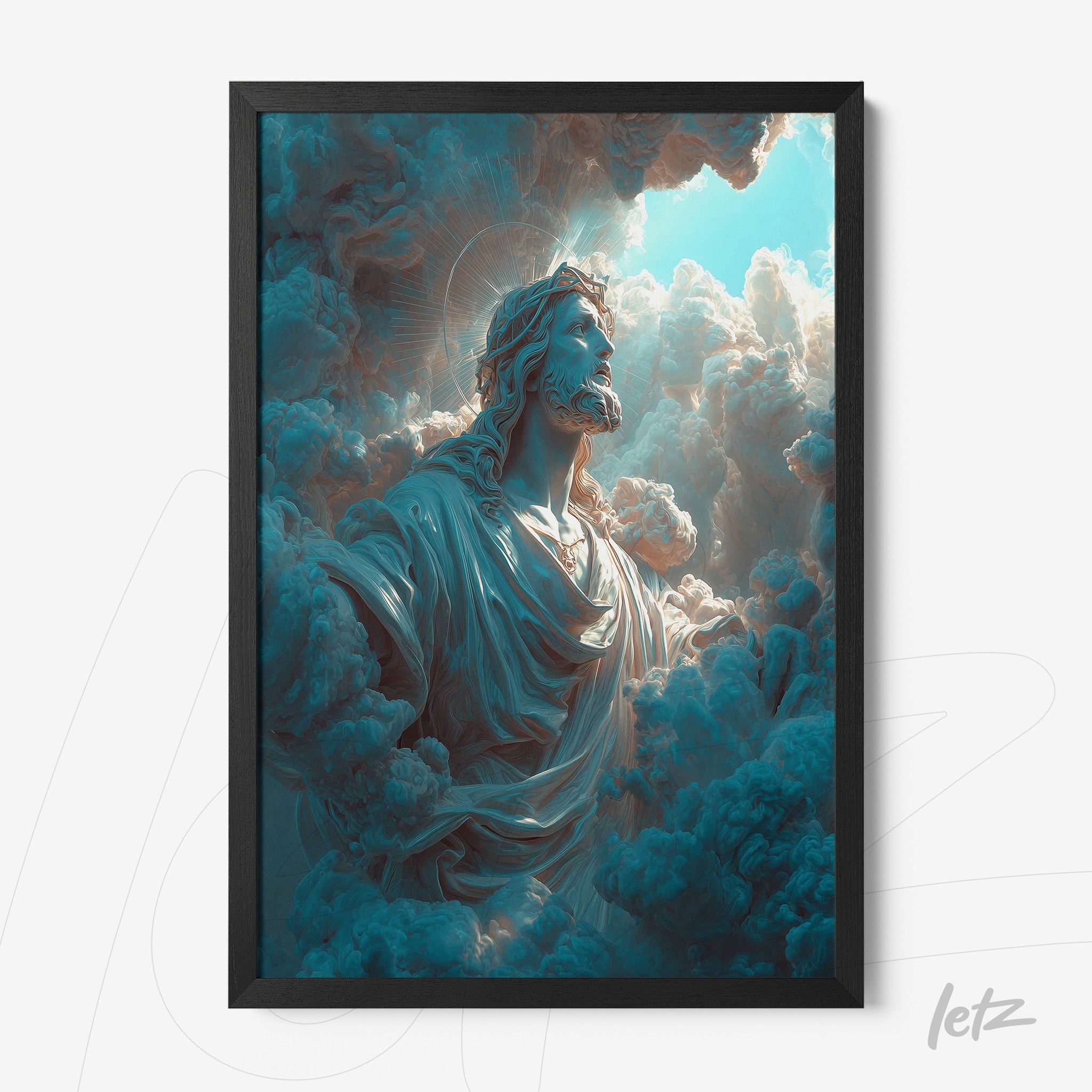 quadro com arte digital de figura religiosa envolta em nuvens, em moldura preta