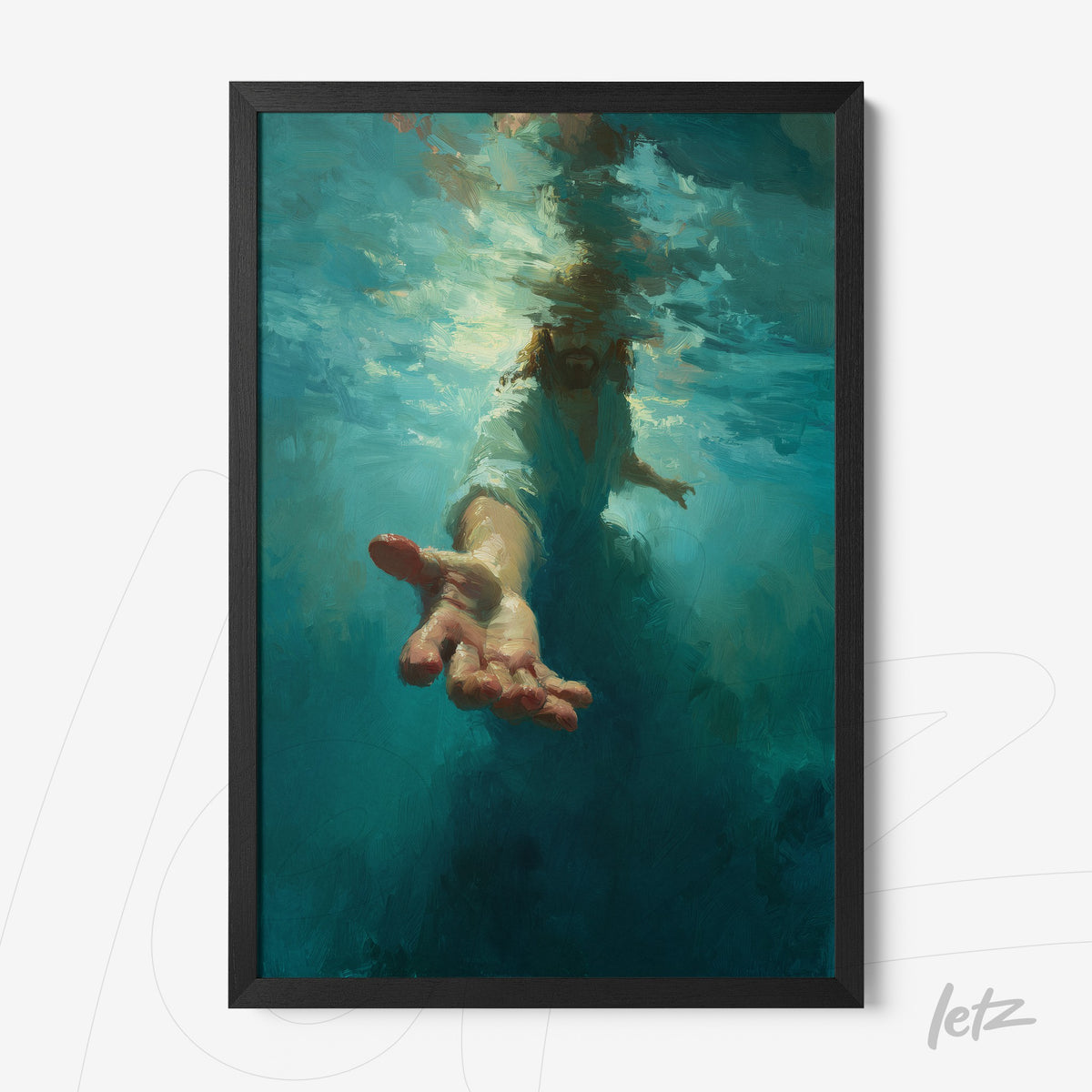 quadro com arte que retrata uma mão se estendendo para cima na água com tons de azul vibrante em moldura preta