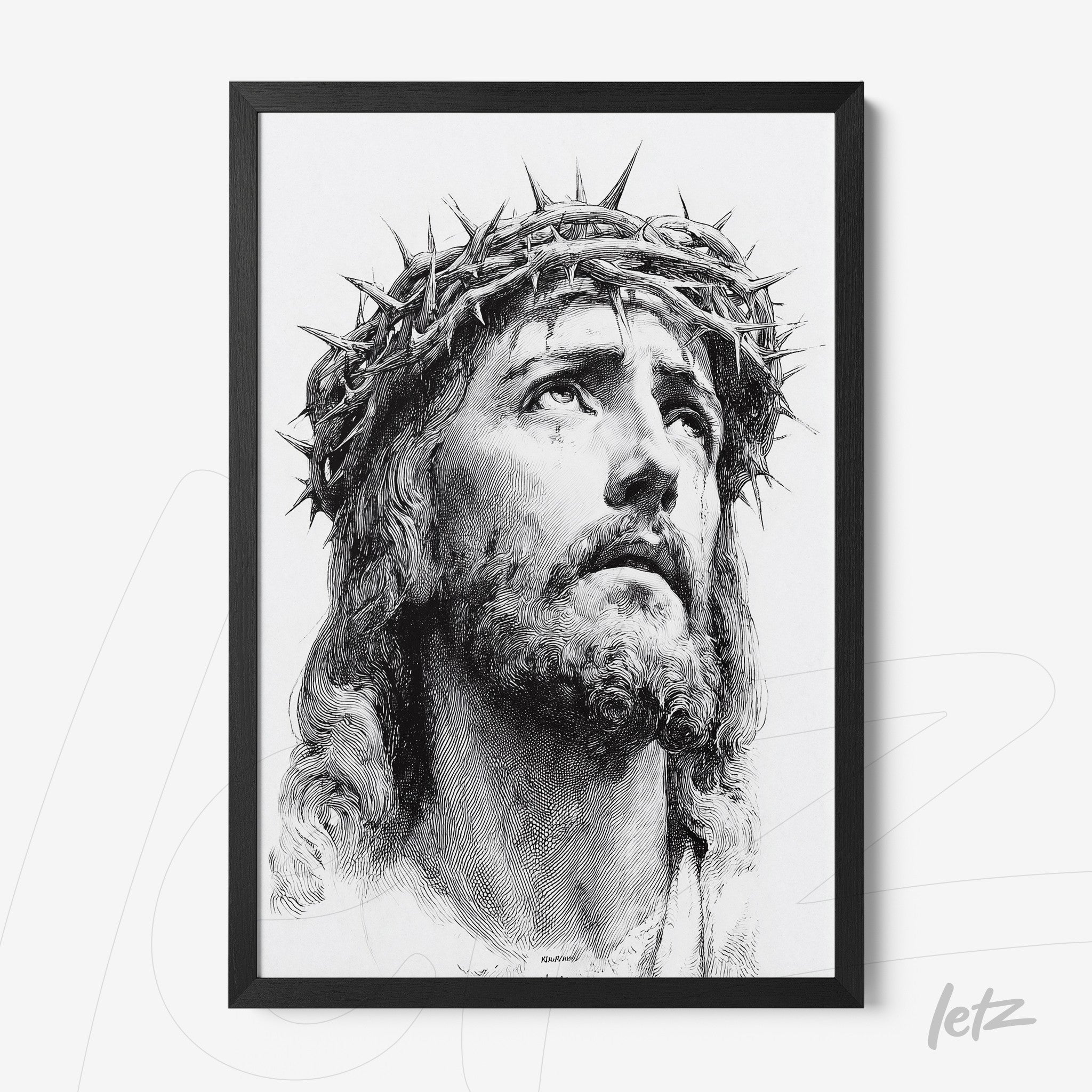 quadro com retrato de Jesus Cristo com coroa de espinhos em moldura preta