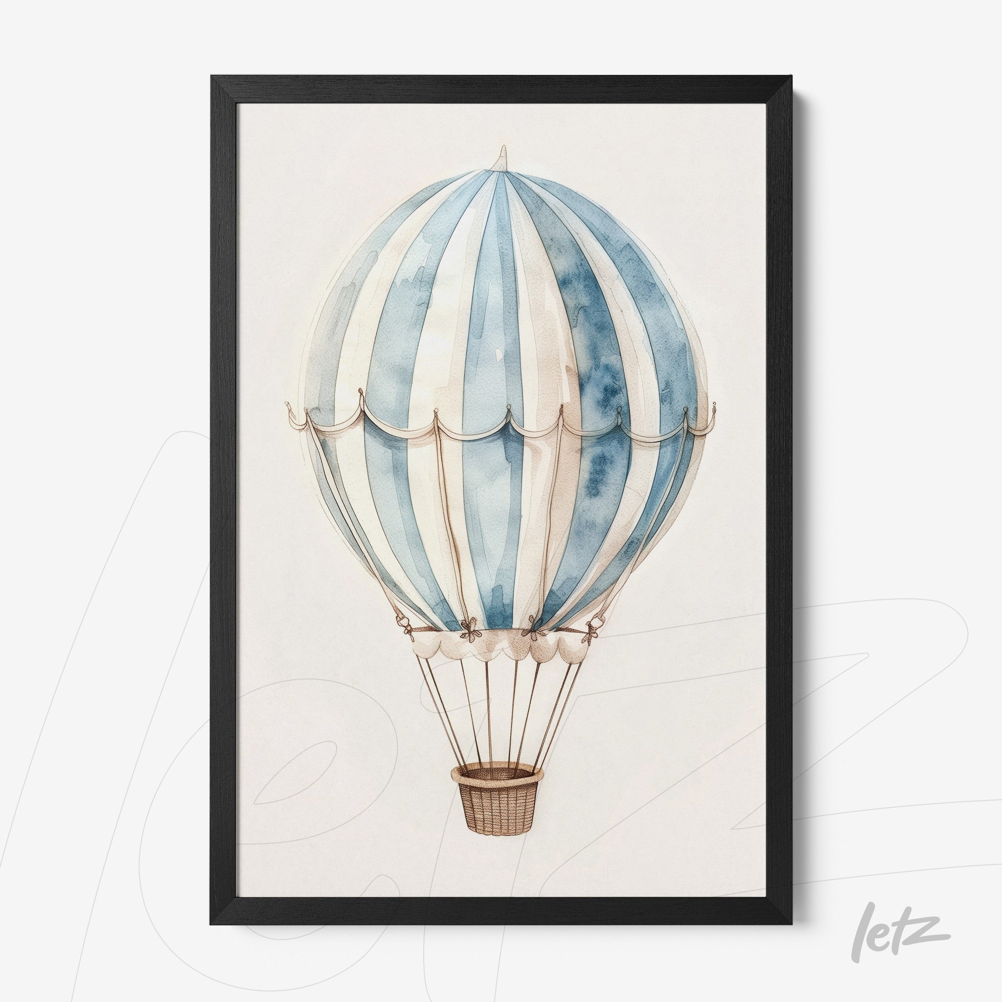 quadro com ilustração de balão de ar quente em tons de azul e branco, em moldura preta