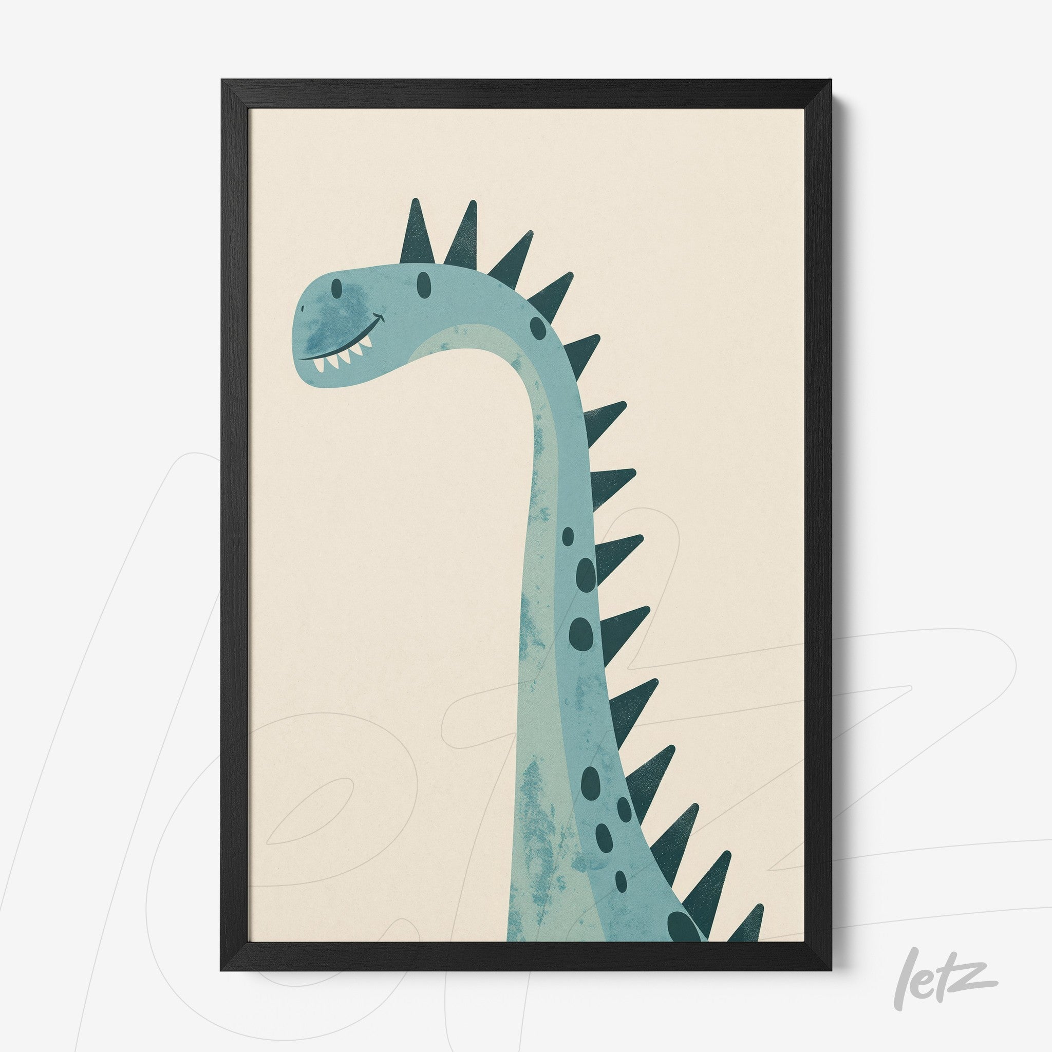 quadro com ilustração de dinossauro em tons de azul, com moldura preta
