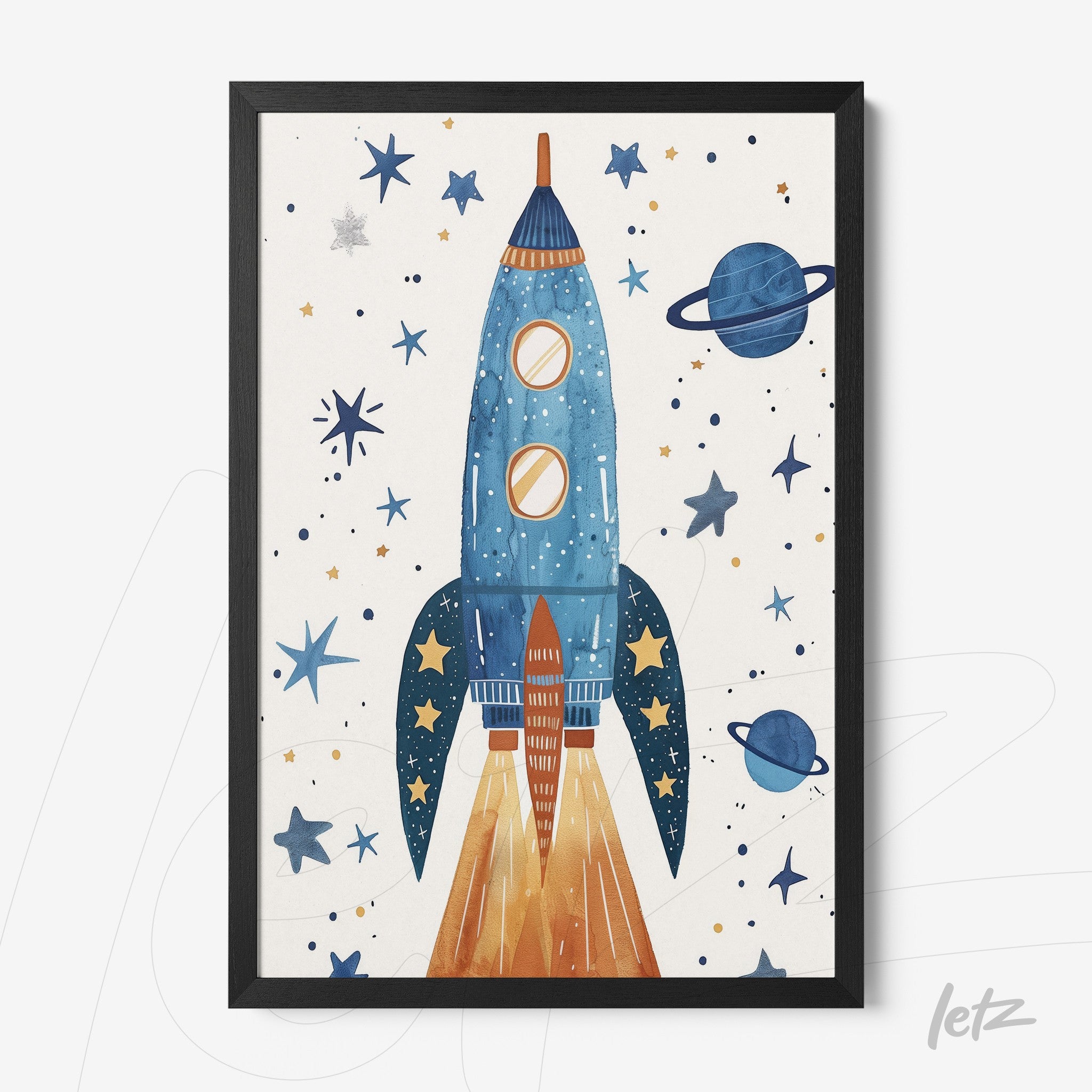 quadro com ilustração de foguete azul em fundo estelar com planetas, moldura preta