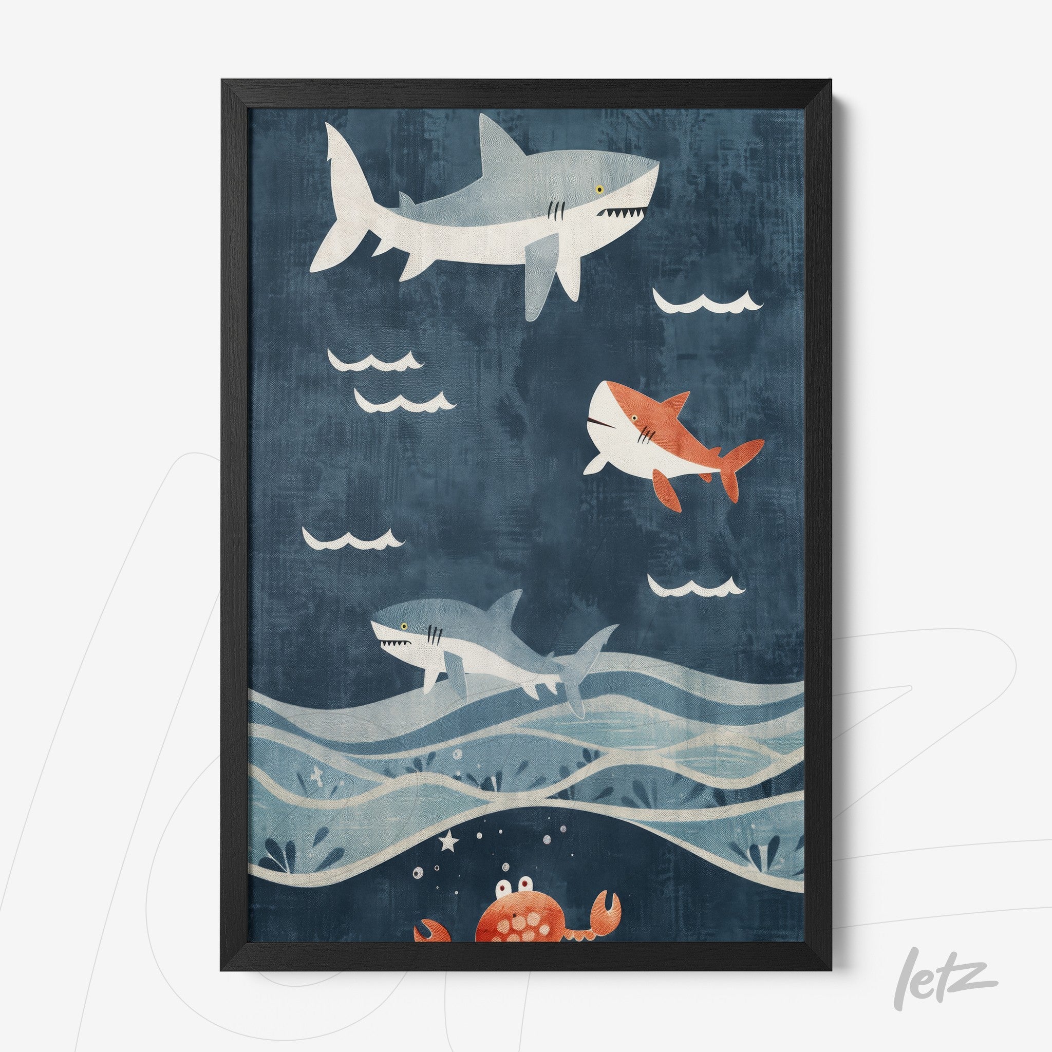 quadro com ilustração infantil de tubarões nadando em fundo azul escuro, moldura preta fina