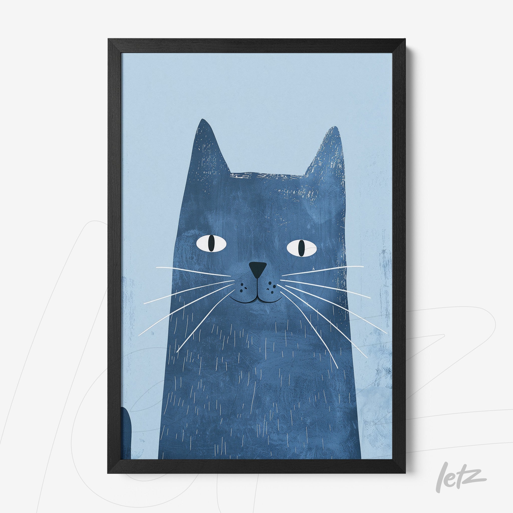 quadro com arte de gato azul em fundo azul claro com moldura preta