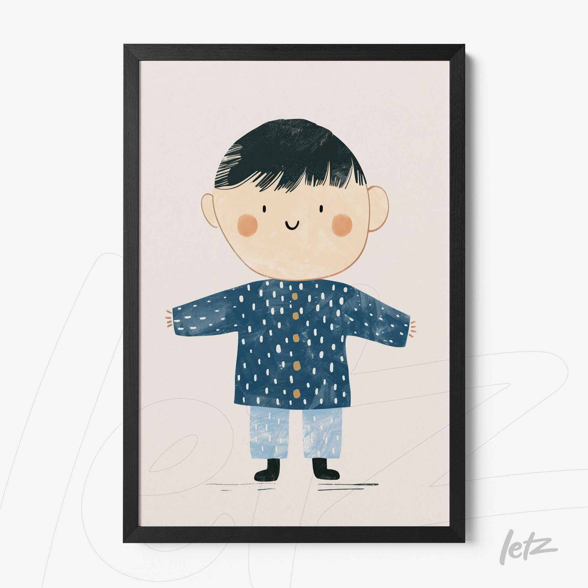 quadro com ilustração infantil de menino sorridente usando um casaco azul com bolinhas brancas, moldura preta