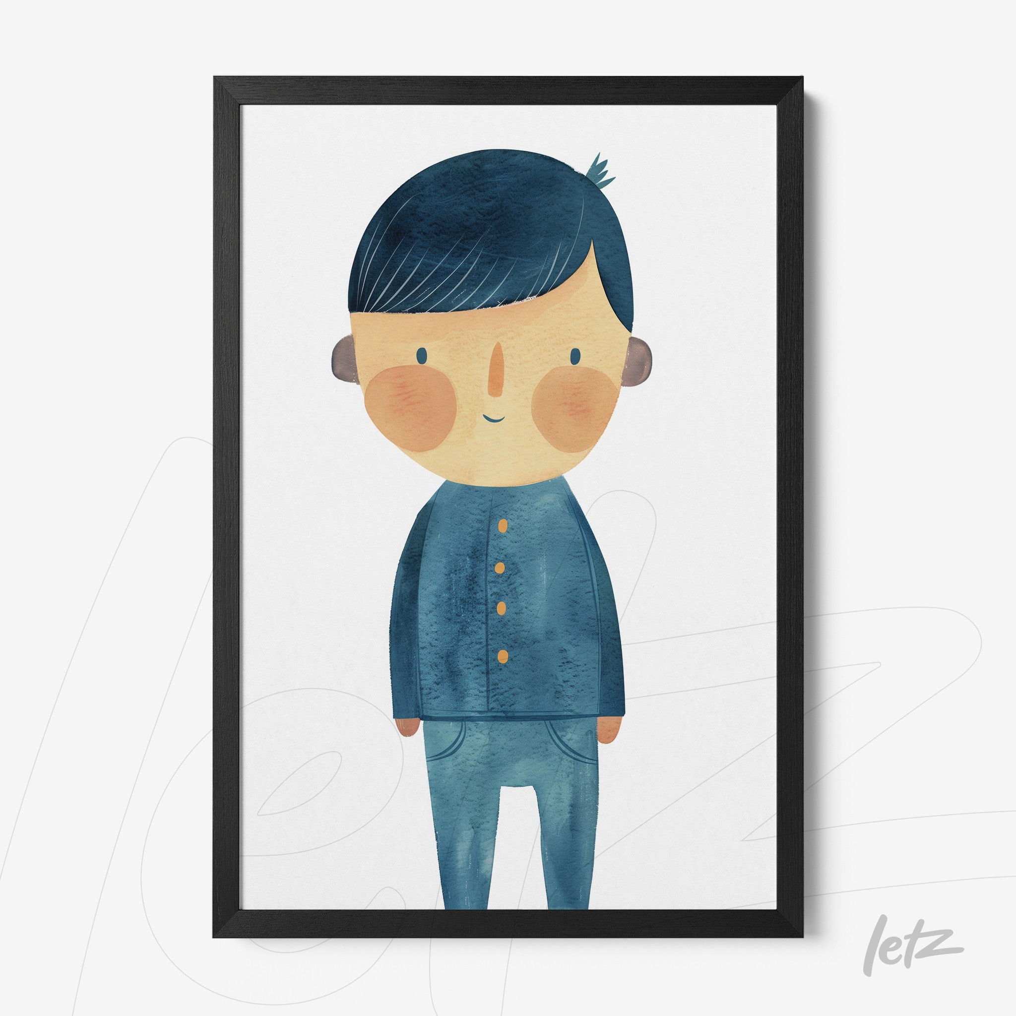 quadro com ilustração de menino com roupa azul em moldura preta