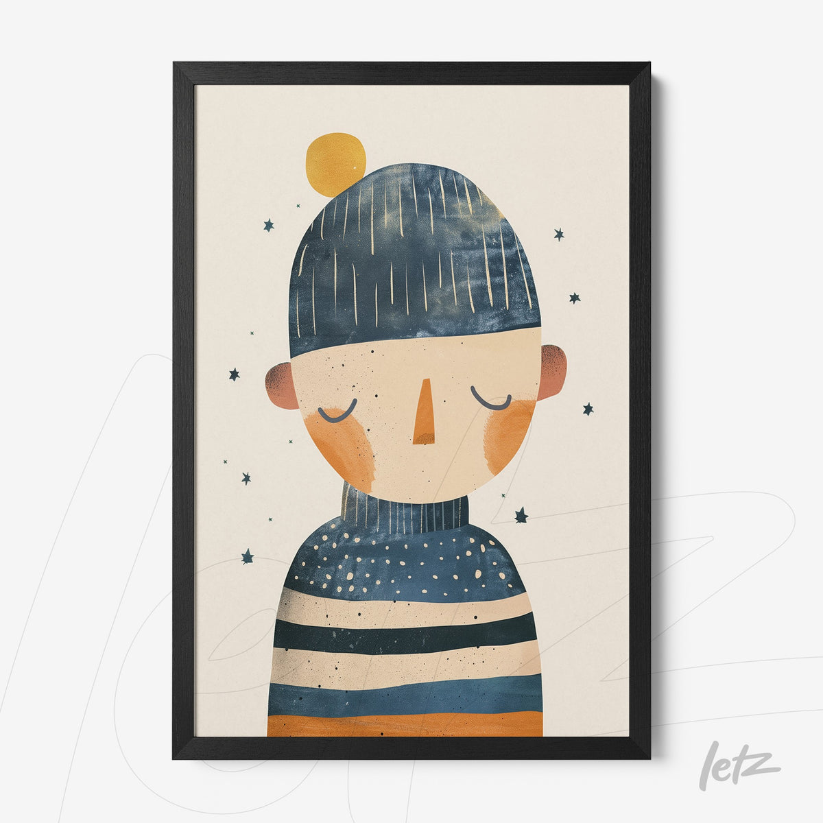 quadro com ilustração de um personagem com gorro e suéter listrado em moldura preta