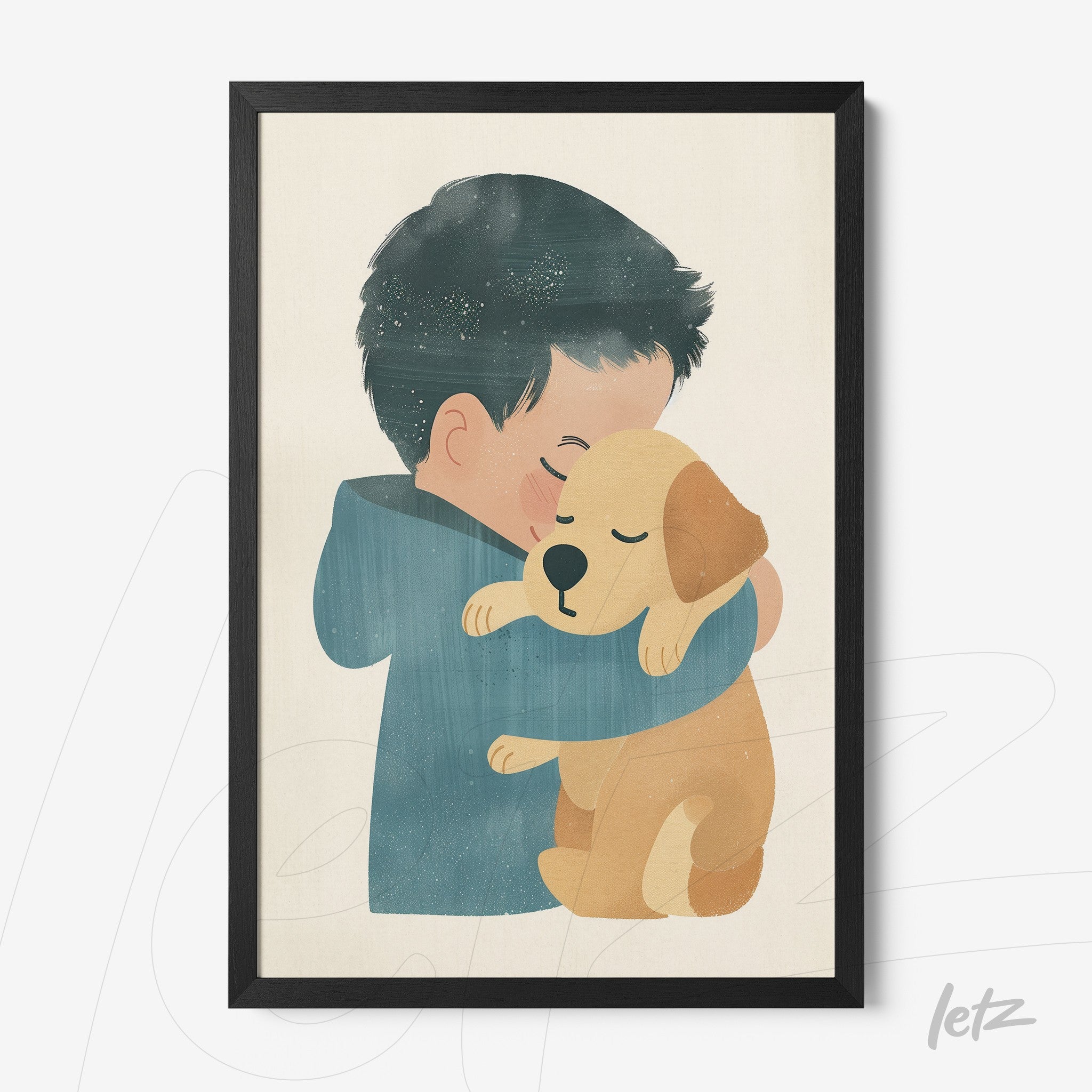 quadro com ilustração de menino abraçando um cachorro em moldura preta