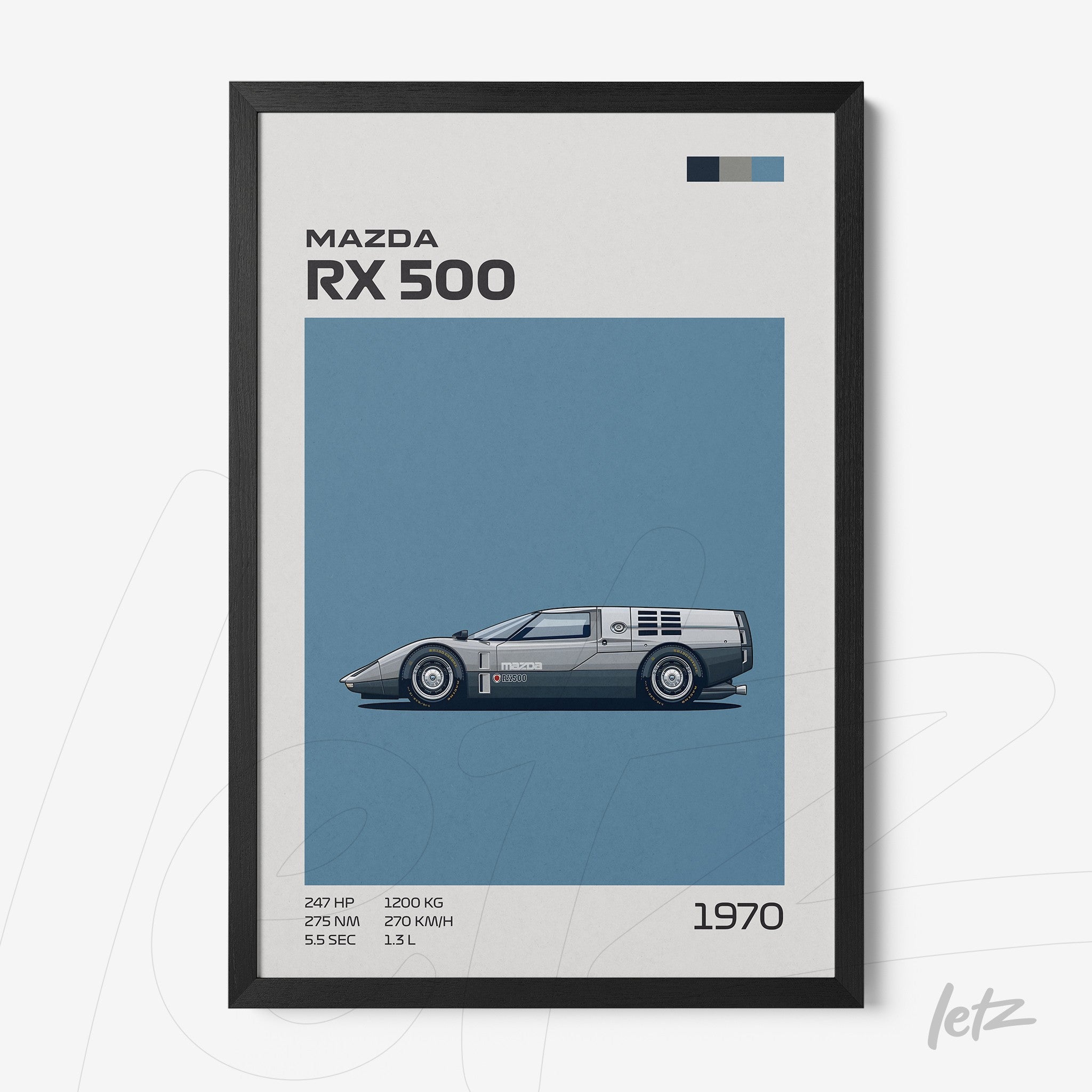 quadro com ilustração do carro Mazda RX 500 em moldura preta, com fundo azul e informações técnicas dispostas à direita