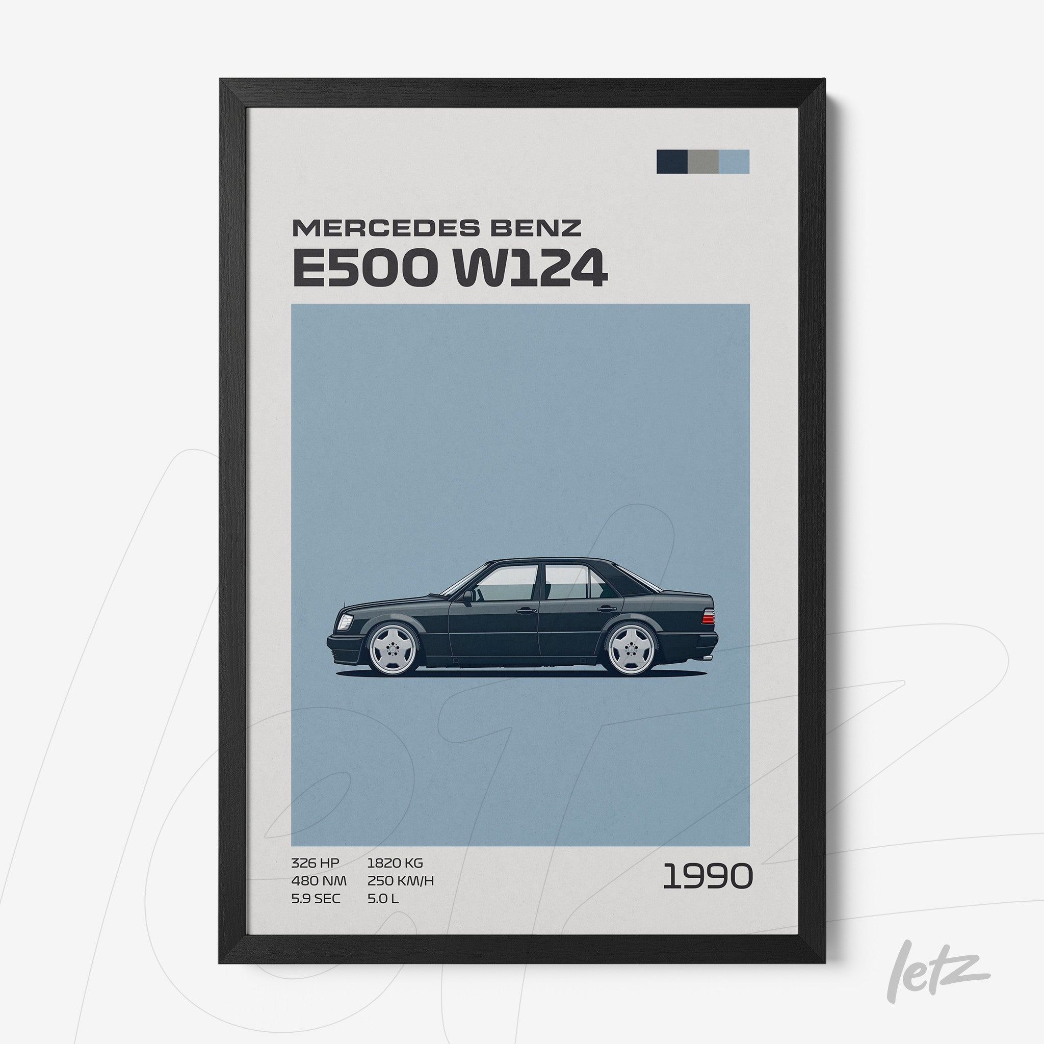 quadro com arte de carro clássico Mercedes Benz E500 W124 em fundo azul e moldura preta