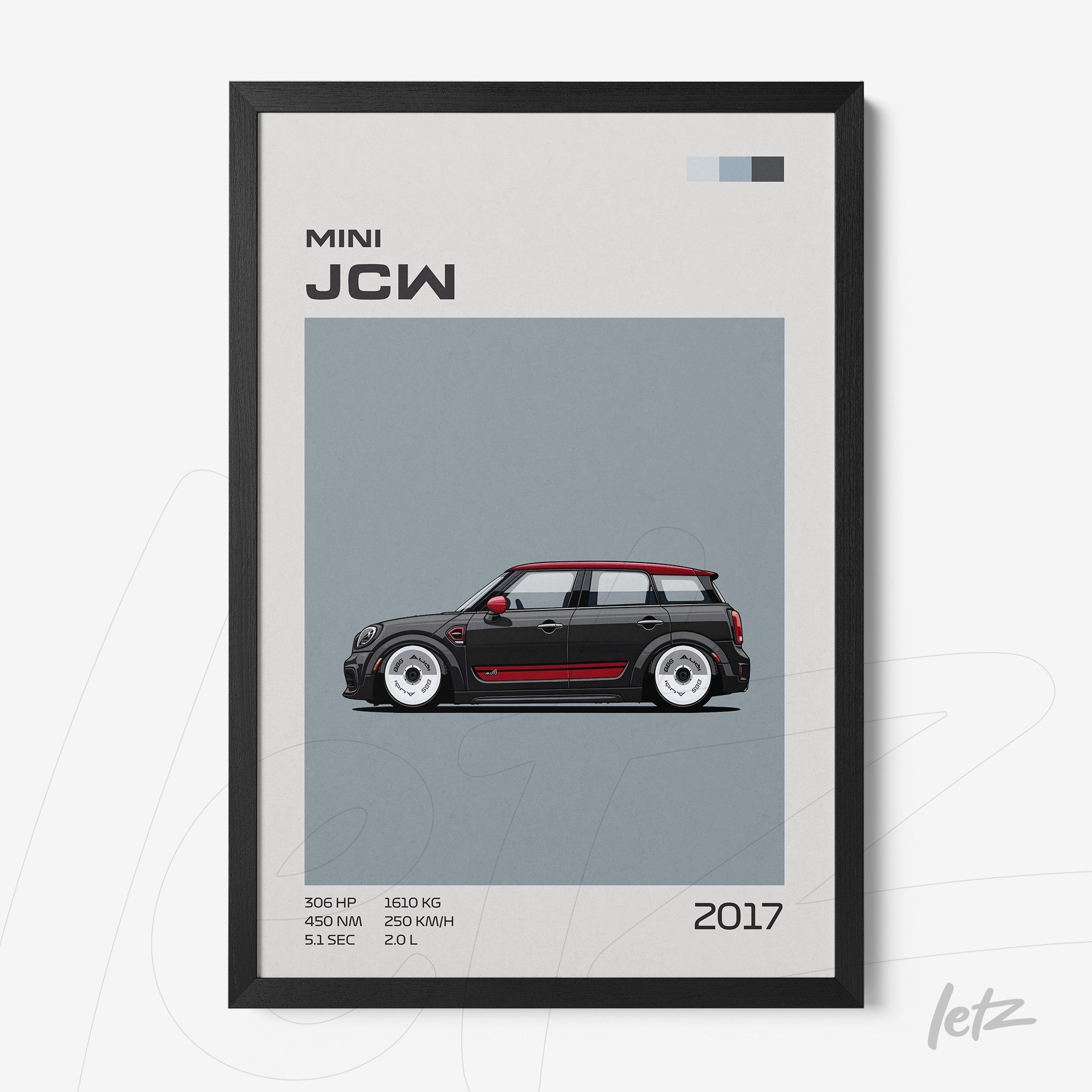 quadro com ilustração estilizada de um carro Mini JCW em fundo cinza e moldura preta