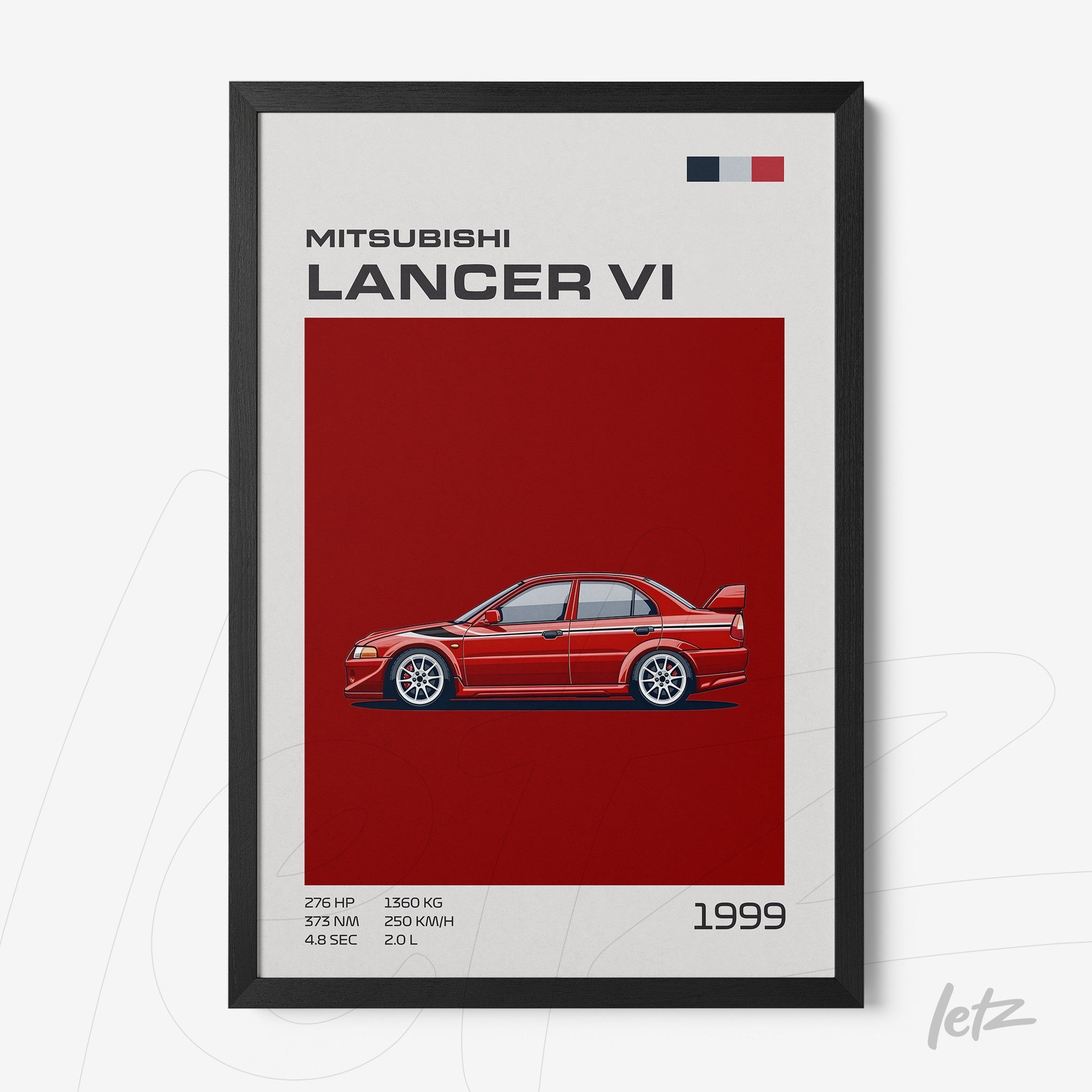 quadro com ilustração do carro Mitsubishi Lancer VI de 1999 em moldura preta