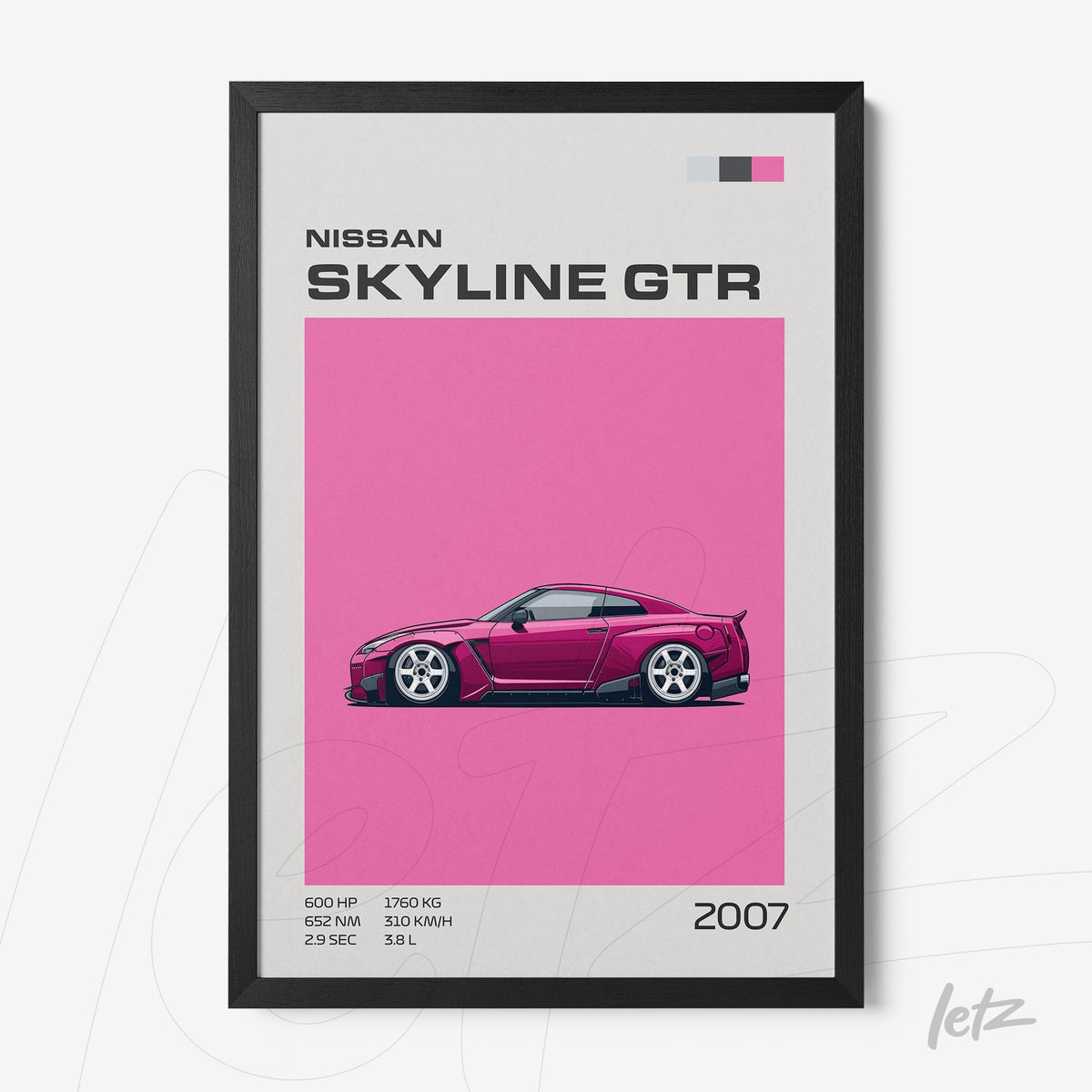 quadro com arte digital de carro Nissan Skyline GTR em fundo rosa e moldura preta