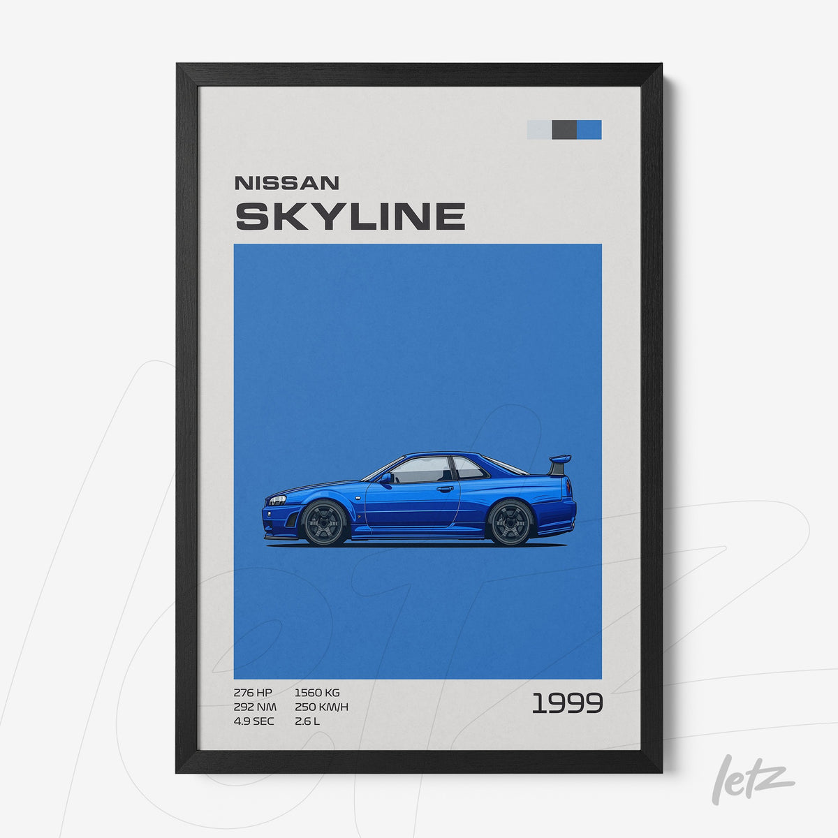 quadro com ilustração do carro Nissan Skyline de 1999 em fundo azul com moldura preta